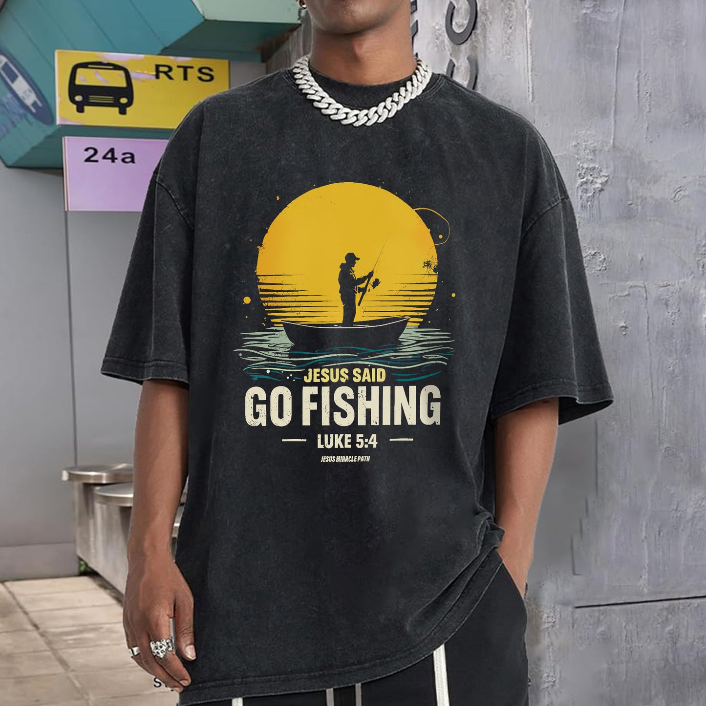 Jesus Said Go Fishing Luke 5:4 Christian Washed 100% Cotton T-Shirt Biblical Fishing Faith Tee