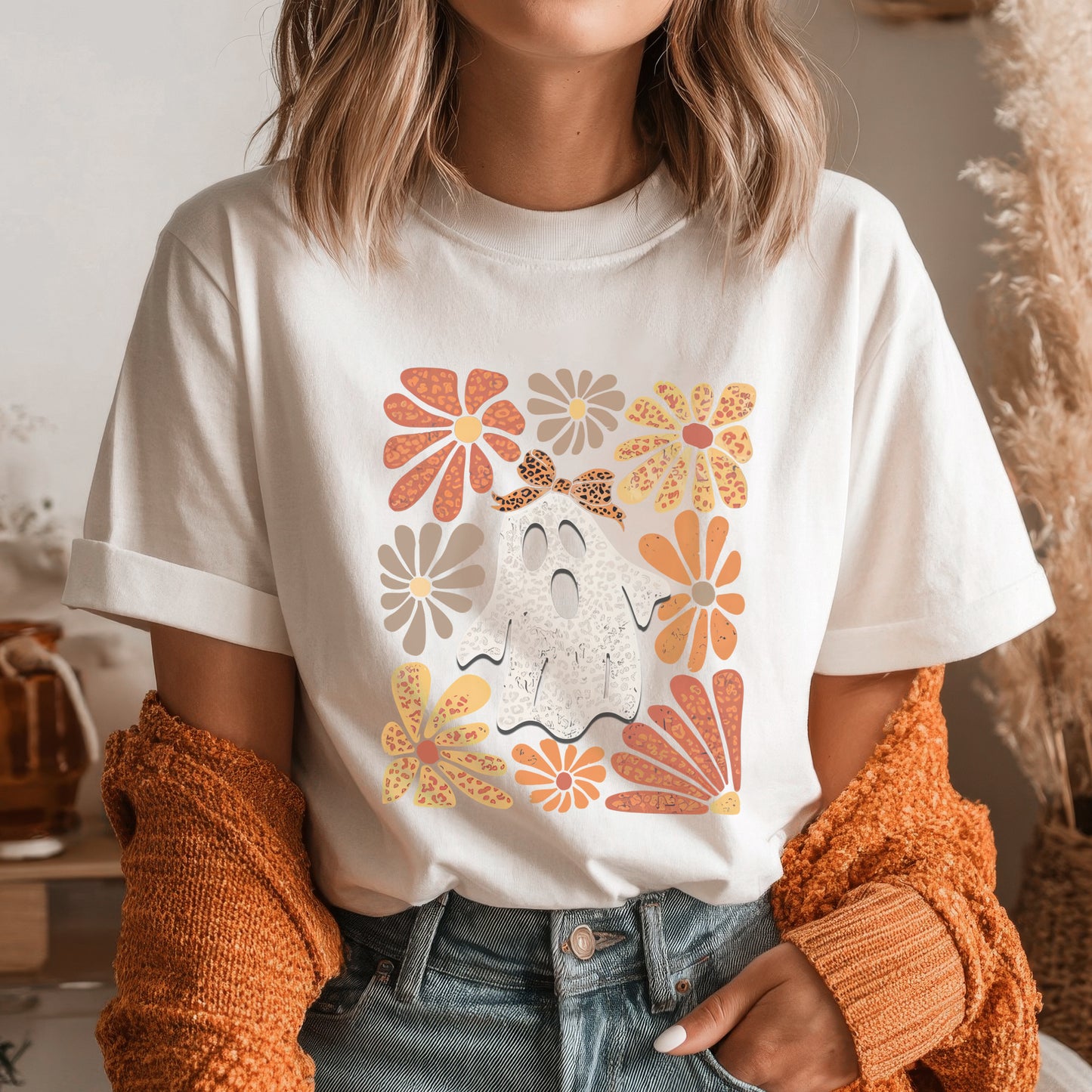 Retro Floral Ghost Leopard Bow Halloween T-Shirt Vintage Autumn Boho Spooky Cute Fall Tee