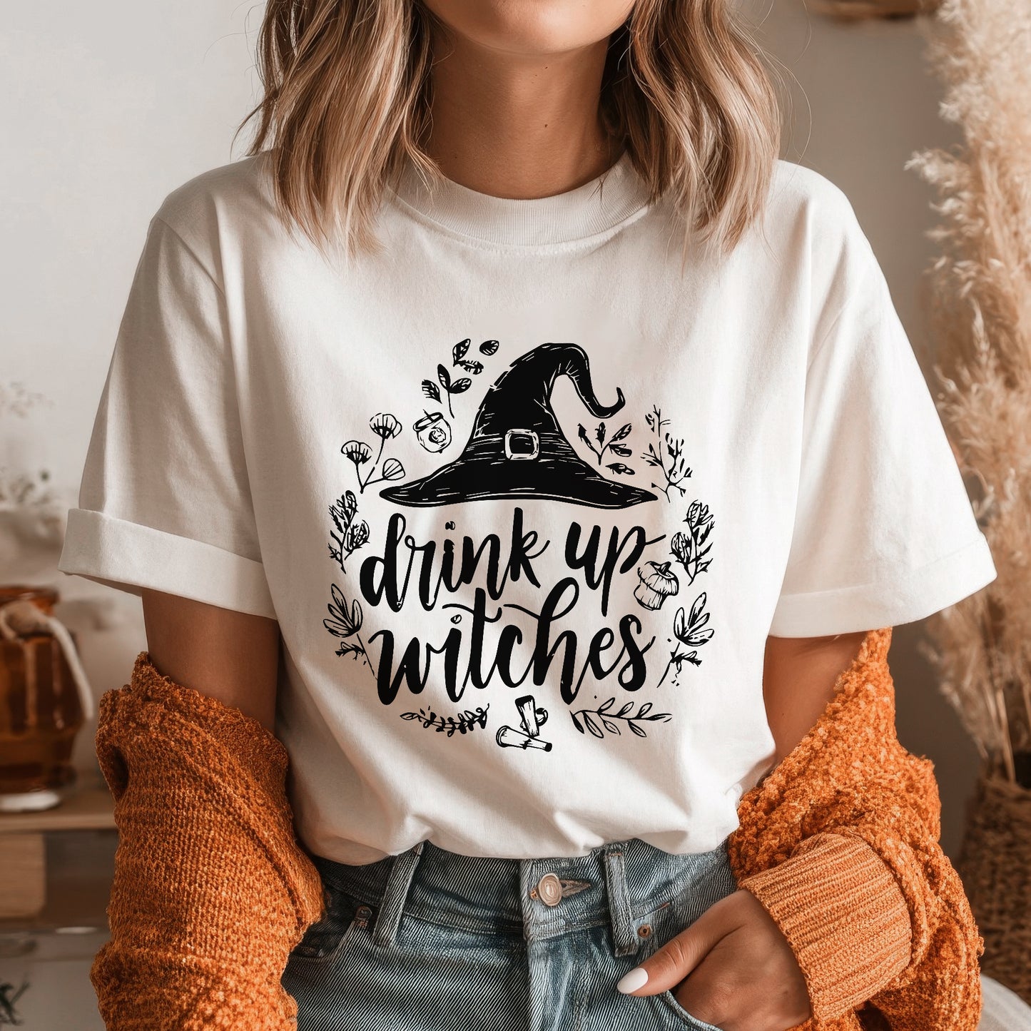 Drink Up Witches Halloween Party T-Shirt Witch Hat Botanical Spooky Season Drinking Tee