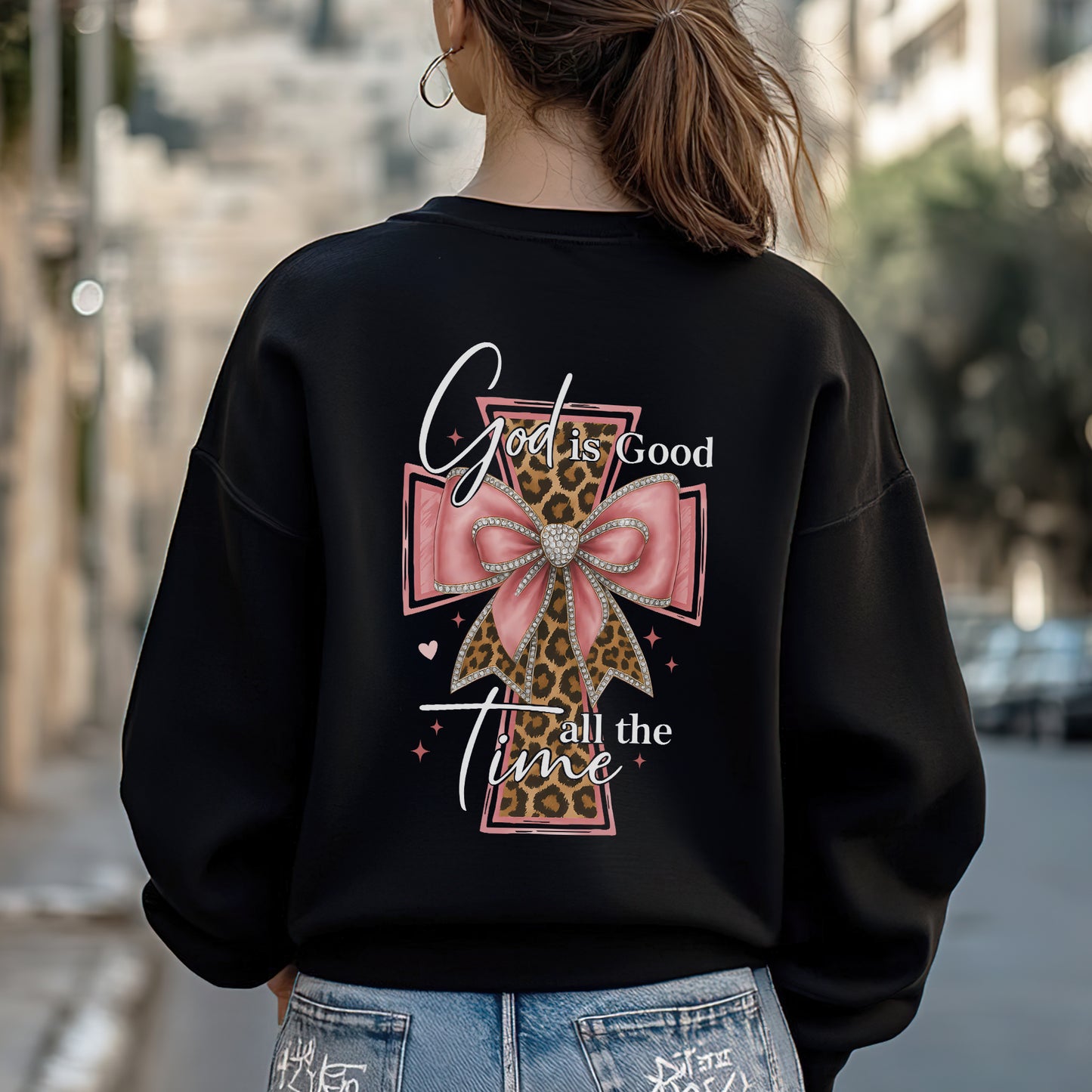 God is Good all the Time" Leopard Cross Bow Christian T-Shirt Two Sides | Faith Guided Life Apparel