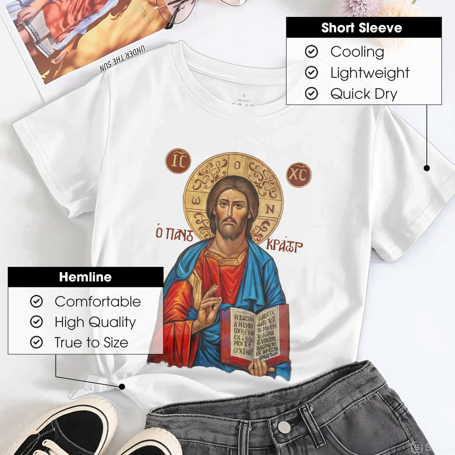 Orthodox Jesus Christ Cyrillic Icon T-Shirt - Russian Slavonic Traditional Sacred Art