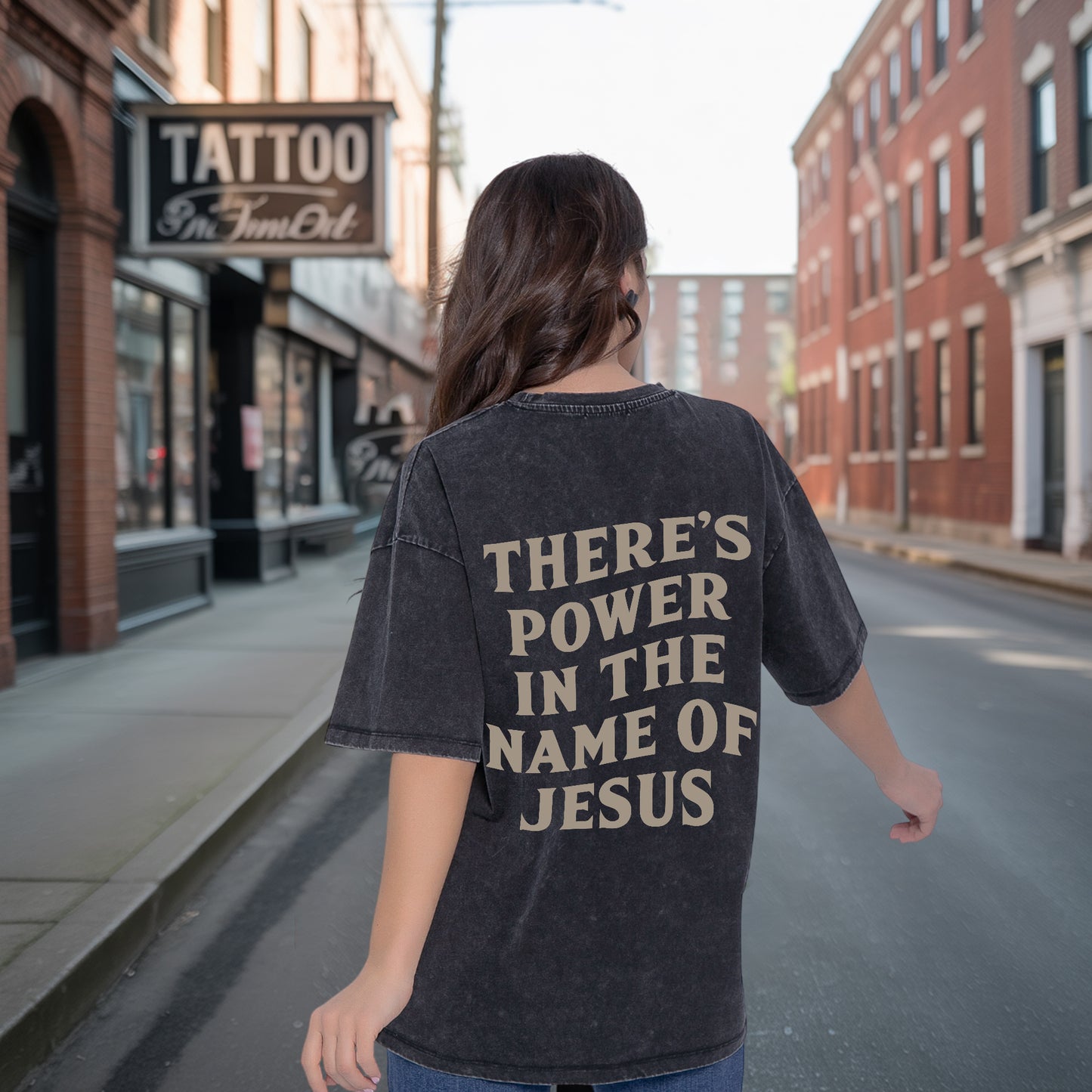 "Jesus Saves / There's Power In The Name Of Jesus" Unisex Vintage Washed Christian T-Shirt Two Sides | Acts 4:12 Salvation Declaration Tee | Faith Guided Life Apparel