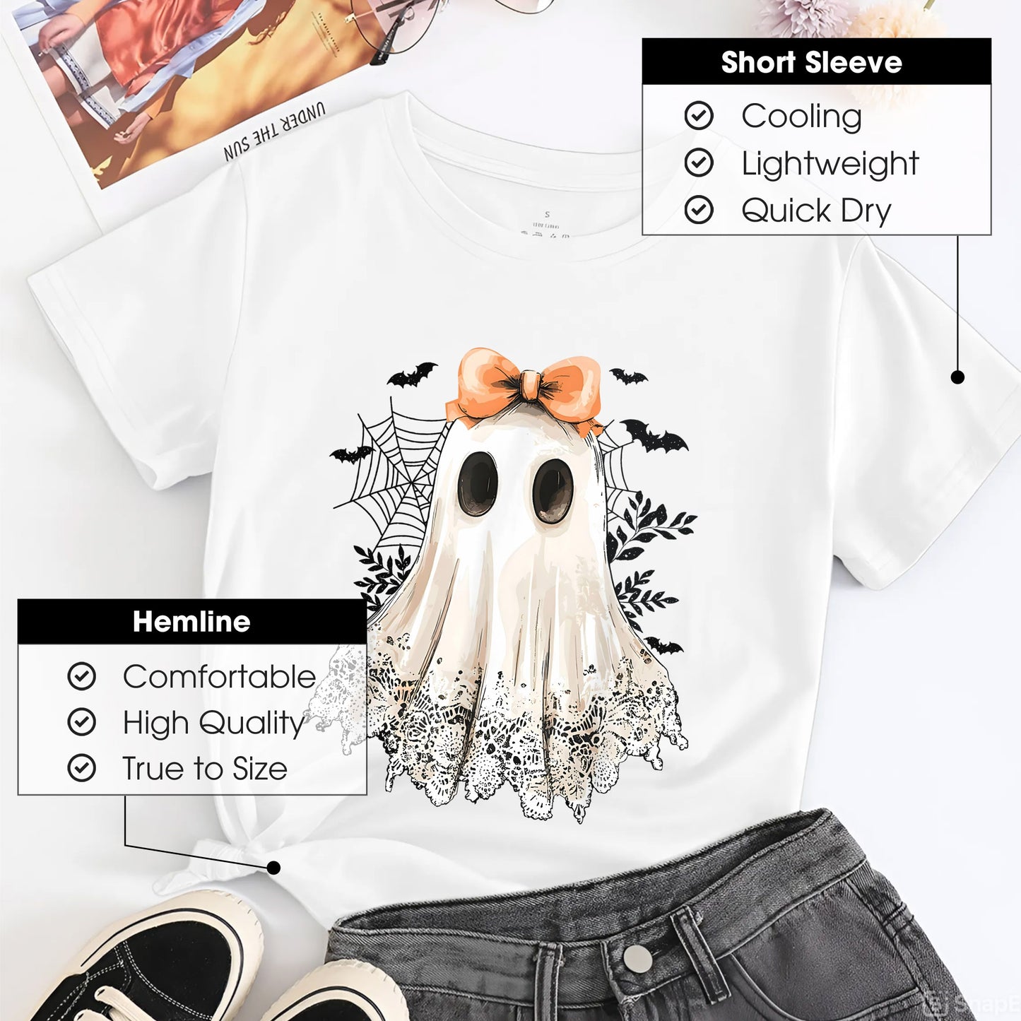 Cute Halloween Ghost with Bow T-Shirt - Adorable Spooky Spirit