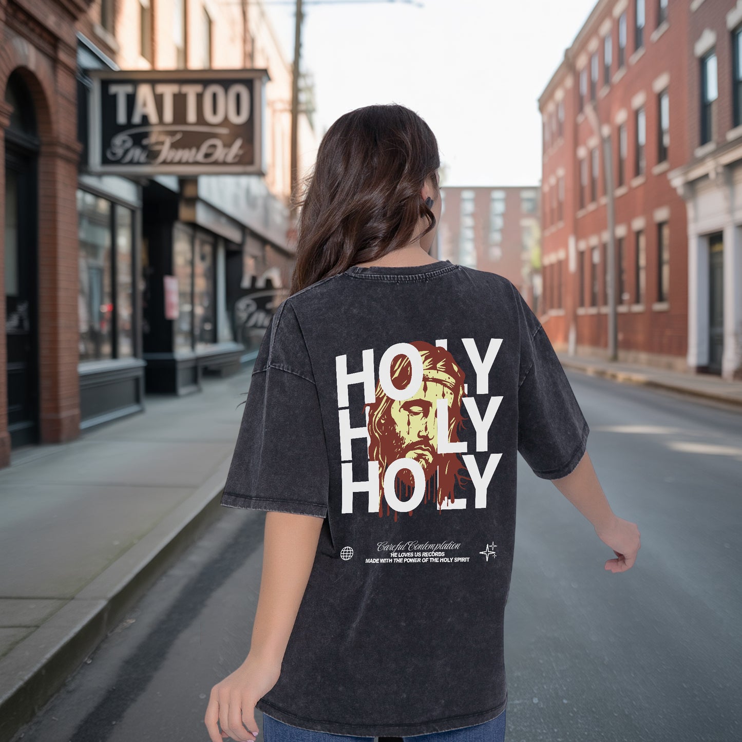"Holy Holy Holy" Unisex Mineral Wash Christian T-Shirt Two Sides | Isaiah 6:3 Vintage Washed Cotton Tee | Faith Guided Life Apparel