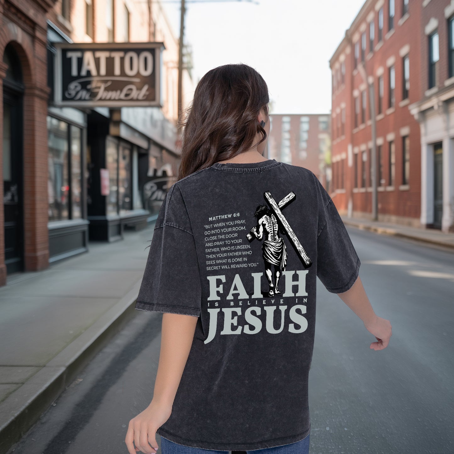 "Faith I Believe in Jesus" Unisex 100% Cotton Vintage Washed T-Shirt Two Sides | Matthew 6:6 Christian Apparel