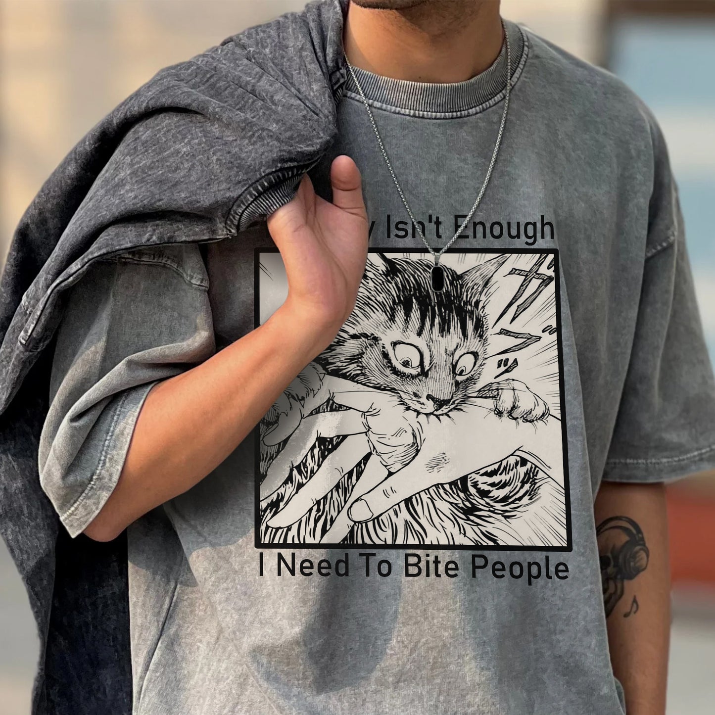Therapy Isn't Enough I Need To Bite People Unisex Vintage Washed T-Shirt - Dark Humor Mental Health Declaration