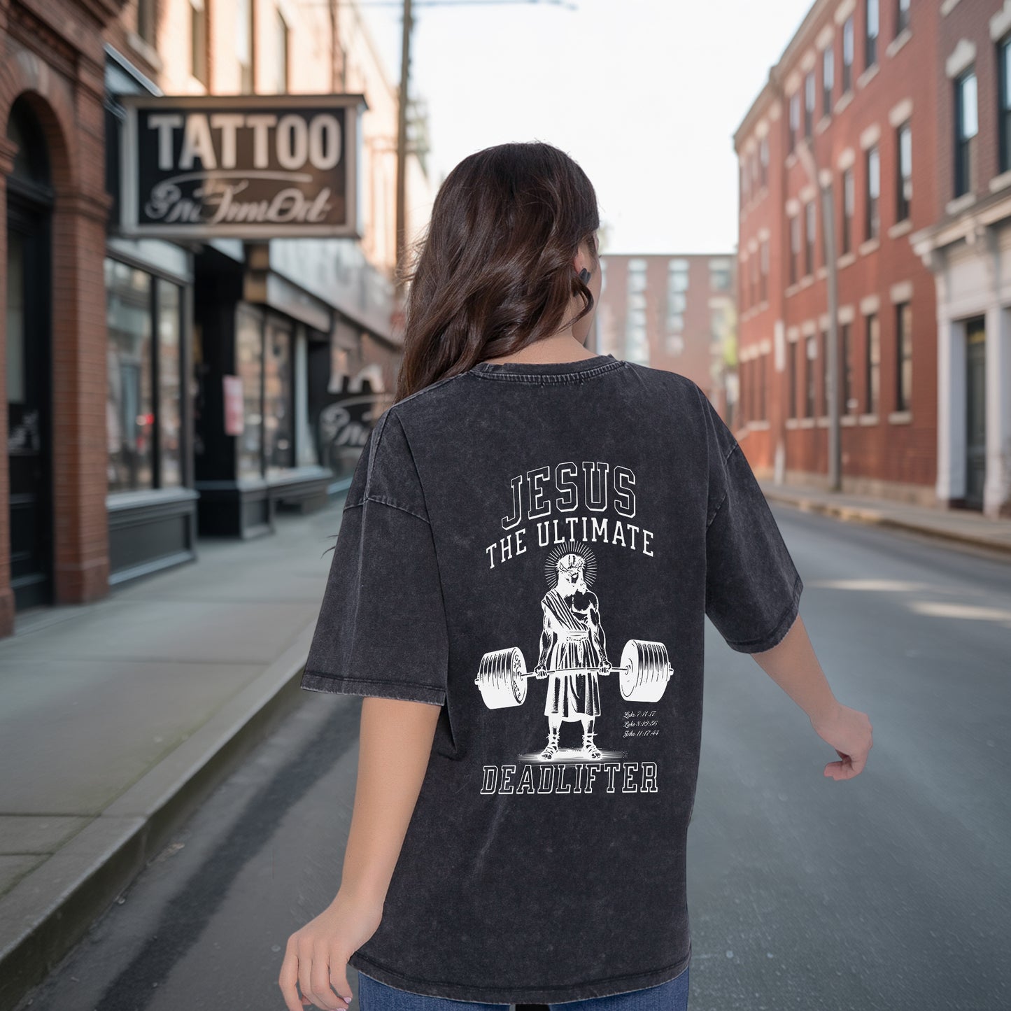 "Jesus The Ultimate Deadlifter" Unisex Vintage Washed Christian T-Shirt Two Sides | Matthew 11:28 Burden Bearer Tee | Faith Guided Life Apparel