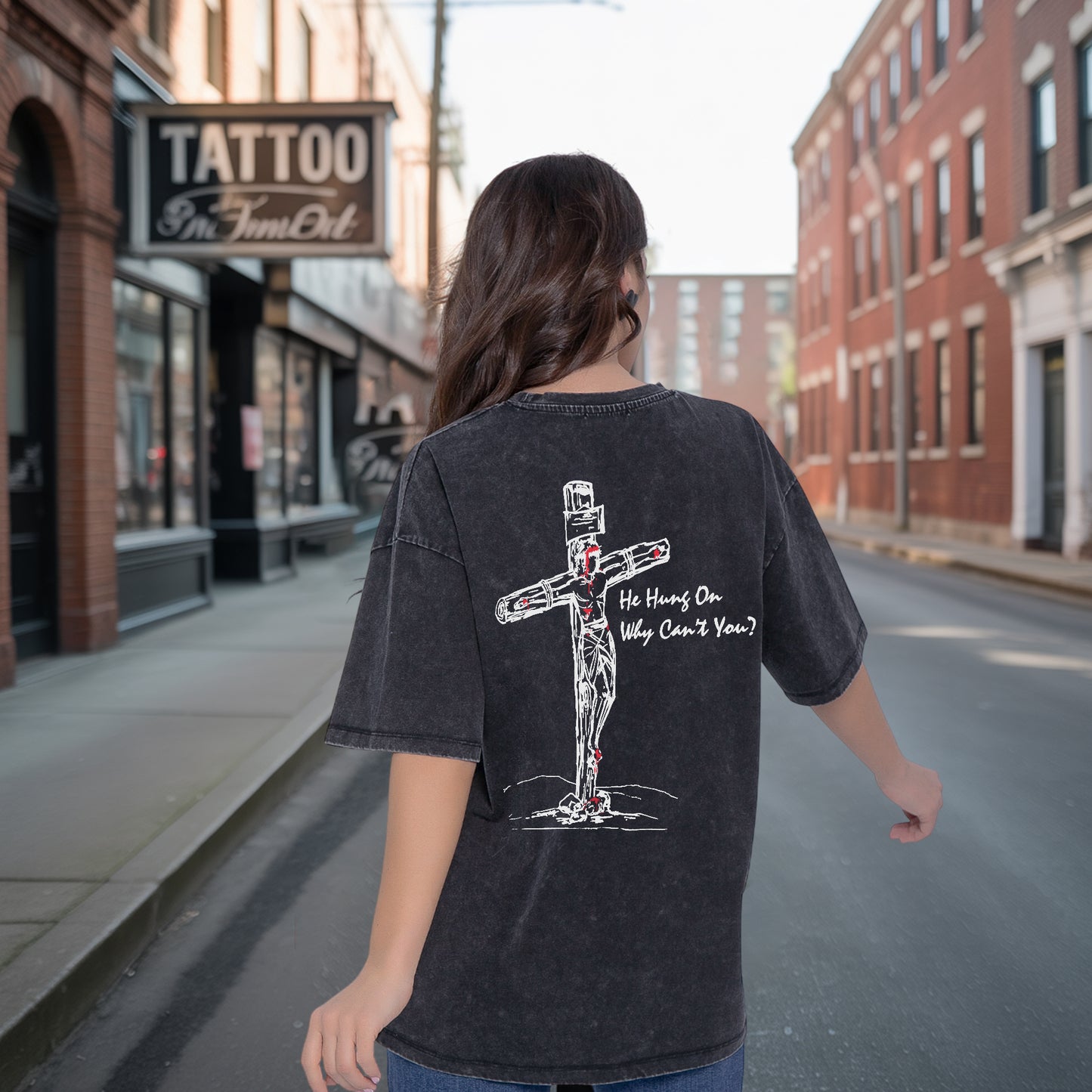 He Hung On Why Can't You?" Unisex 100% Cotton Vintage Washed Christian T-Shirt Two Sides | Jesus Crucifixion Faith Apparel