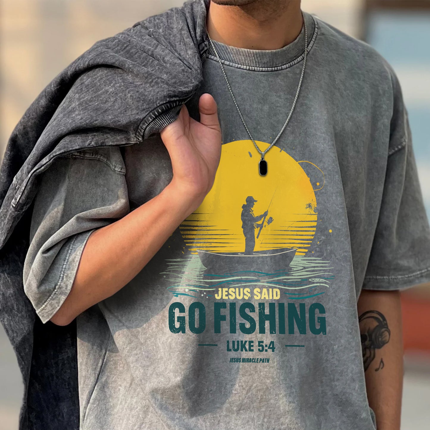 Jesus Said Go Fishing Luke 5:4 Christian Washed 100% Cotton T-Shirt Biblical Fishing Faith Tee