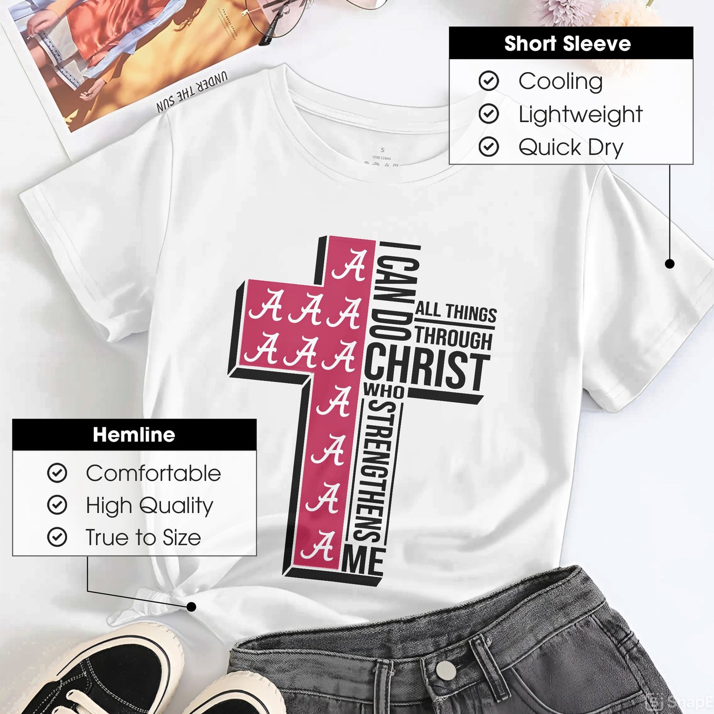 Alabama Cross I Can Do All Things Through Christ T-Shirt - Crimson Tide Faith Declaration