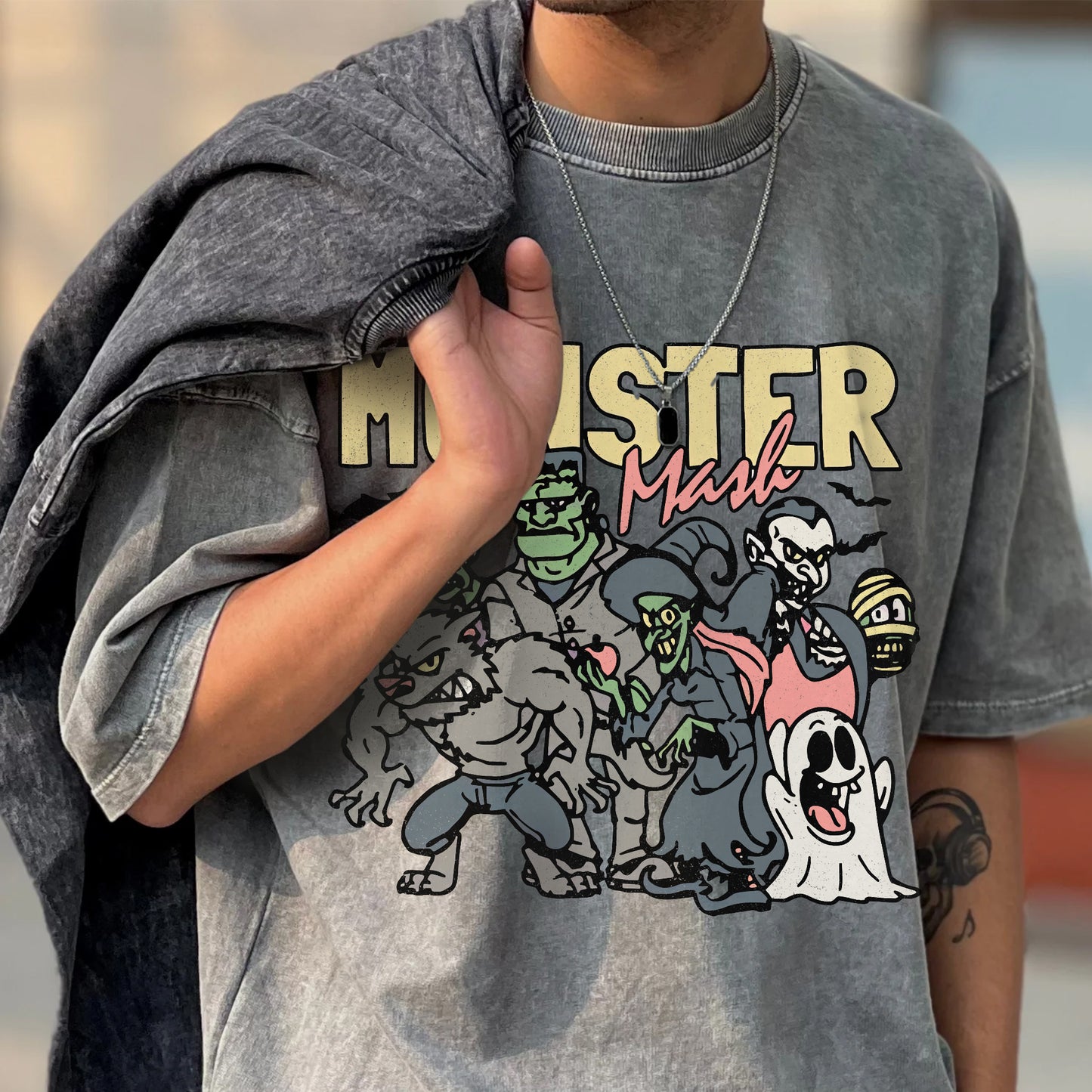 Monster Mash Vintage Washed 100% Cotton Halloween T-Shirt Classic Horror Characters Retro Tee