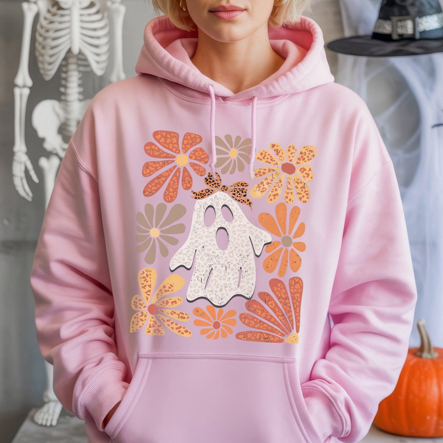 Retro Floral Ghost Leopard Bow Halloween T-Shirt Vintage Autumn Boho Spooky Cute Fall Tee