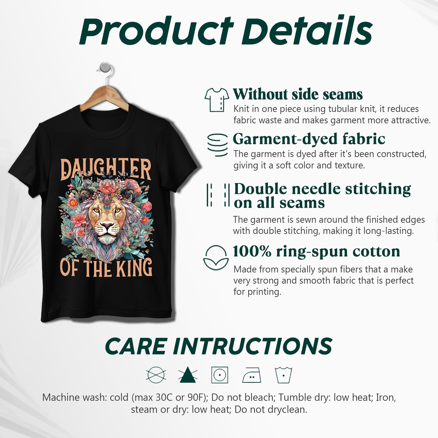 "Daughter of the King" Lion & Floral Christian T-Shirt | Faith Guided Life Apparel