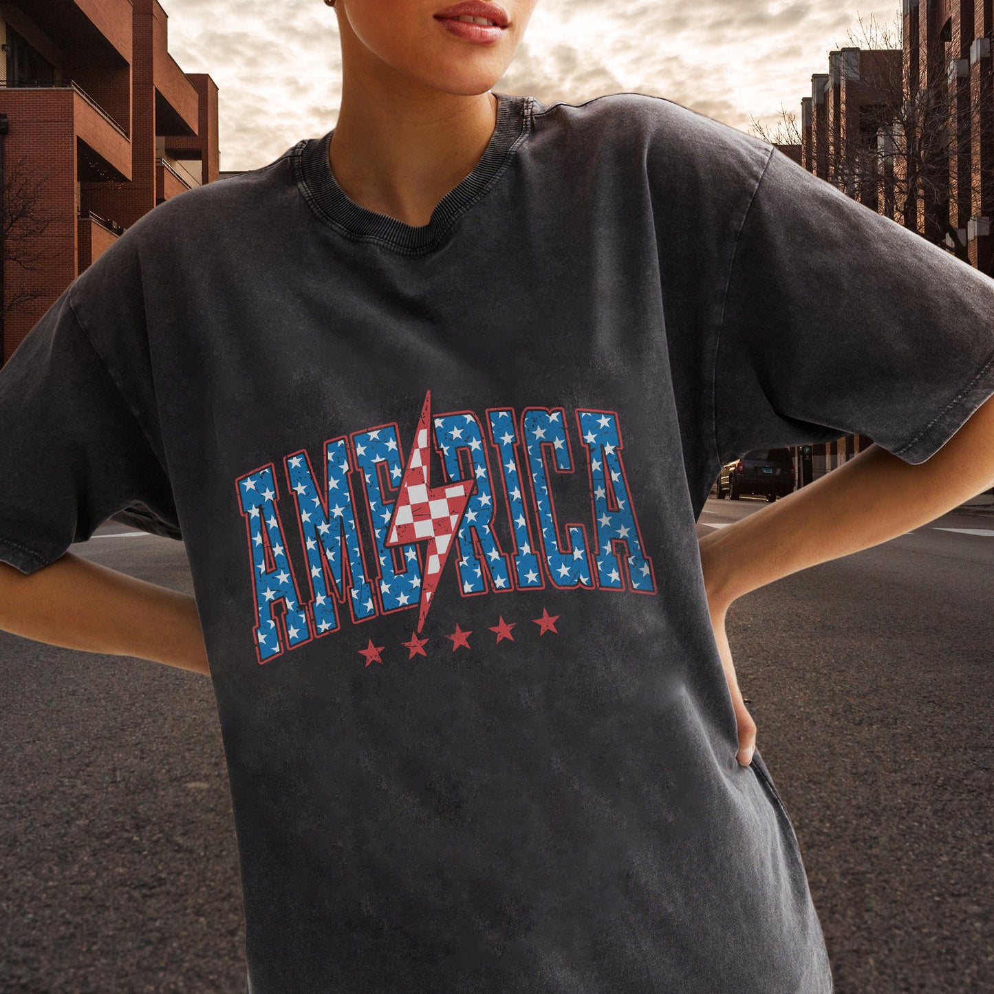"America Lightning Bolt" Unisex Vintage Washed Cotton T-Shirt | Stars & Stripes Patriotic Tee | Faith Guided Life Apparel