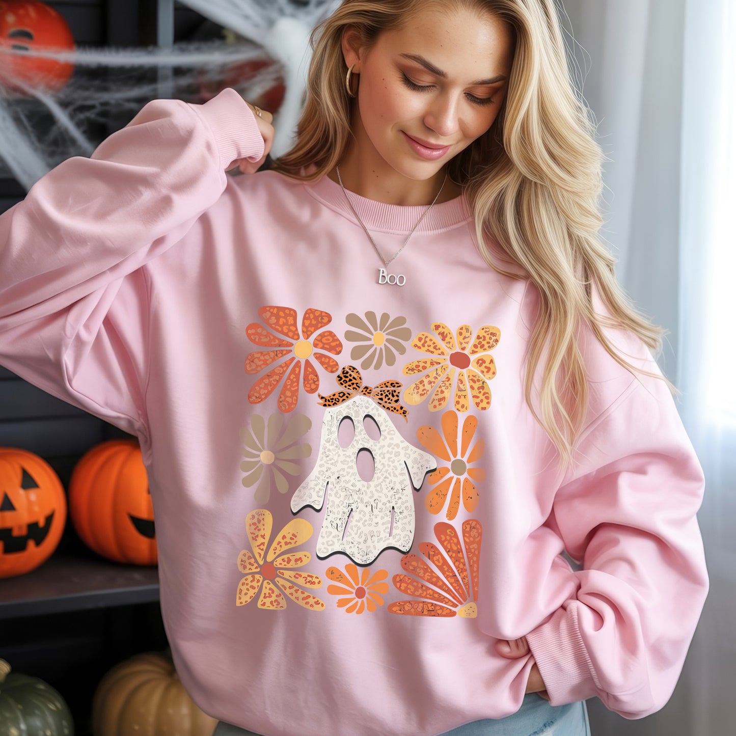 Retro Floral Ghost Leopard Bow Halloween T-Shirt Vintage Autumn Boho Spooky Cute Fall Tee