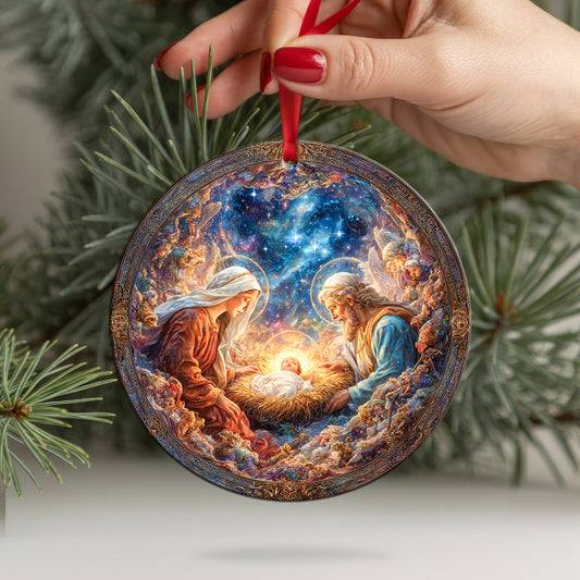 Celestial Nativity Scene Christmas Ornament | Cosmic Holy Family Keepsake | Religious Masterpiece Decoration