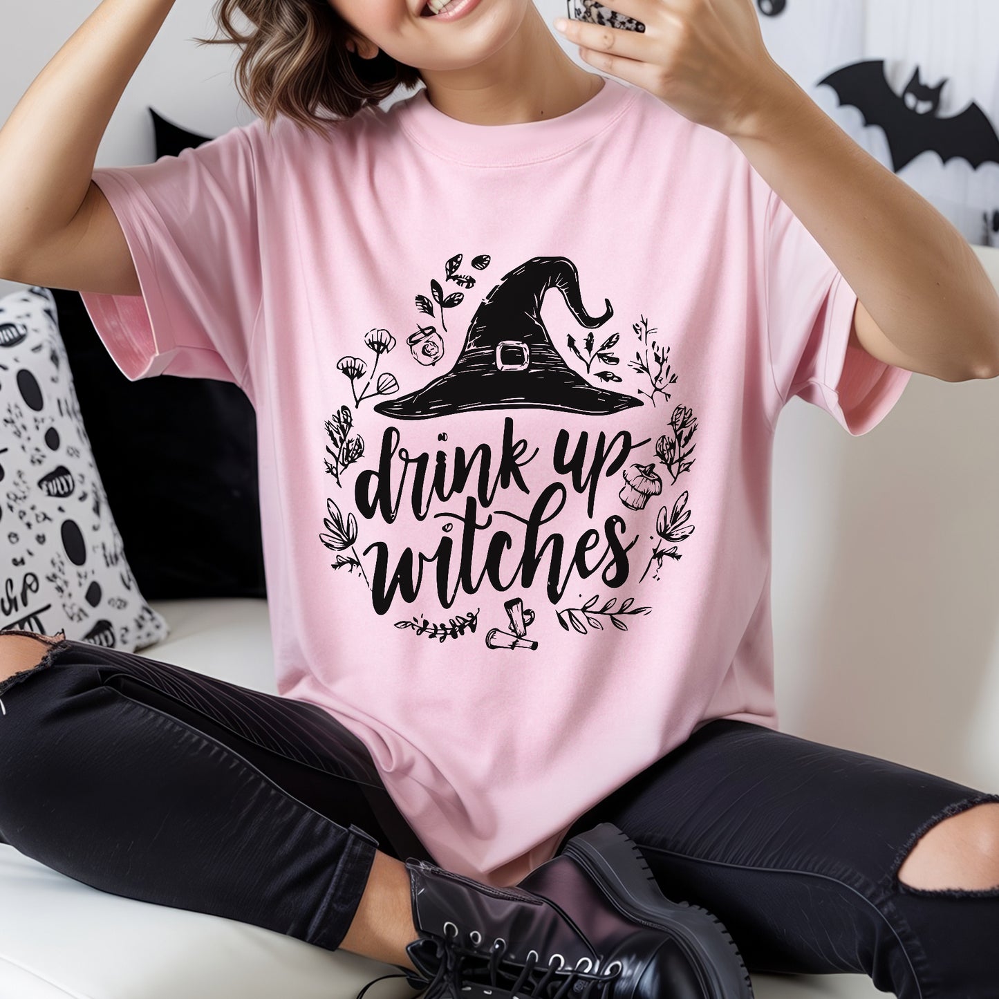 Drink Up Witches Halloween Party T-Shirt Witch Hat Botanical Spooky Season Drinking Tee