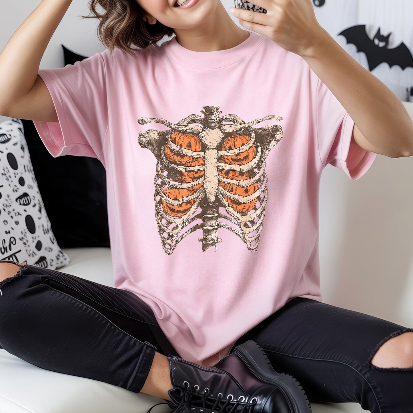 Pumpkin Ribcage Skeleton Halloween T-Shirt Jack-O-Lantern Anatomy Spooky Season Tee