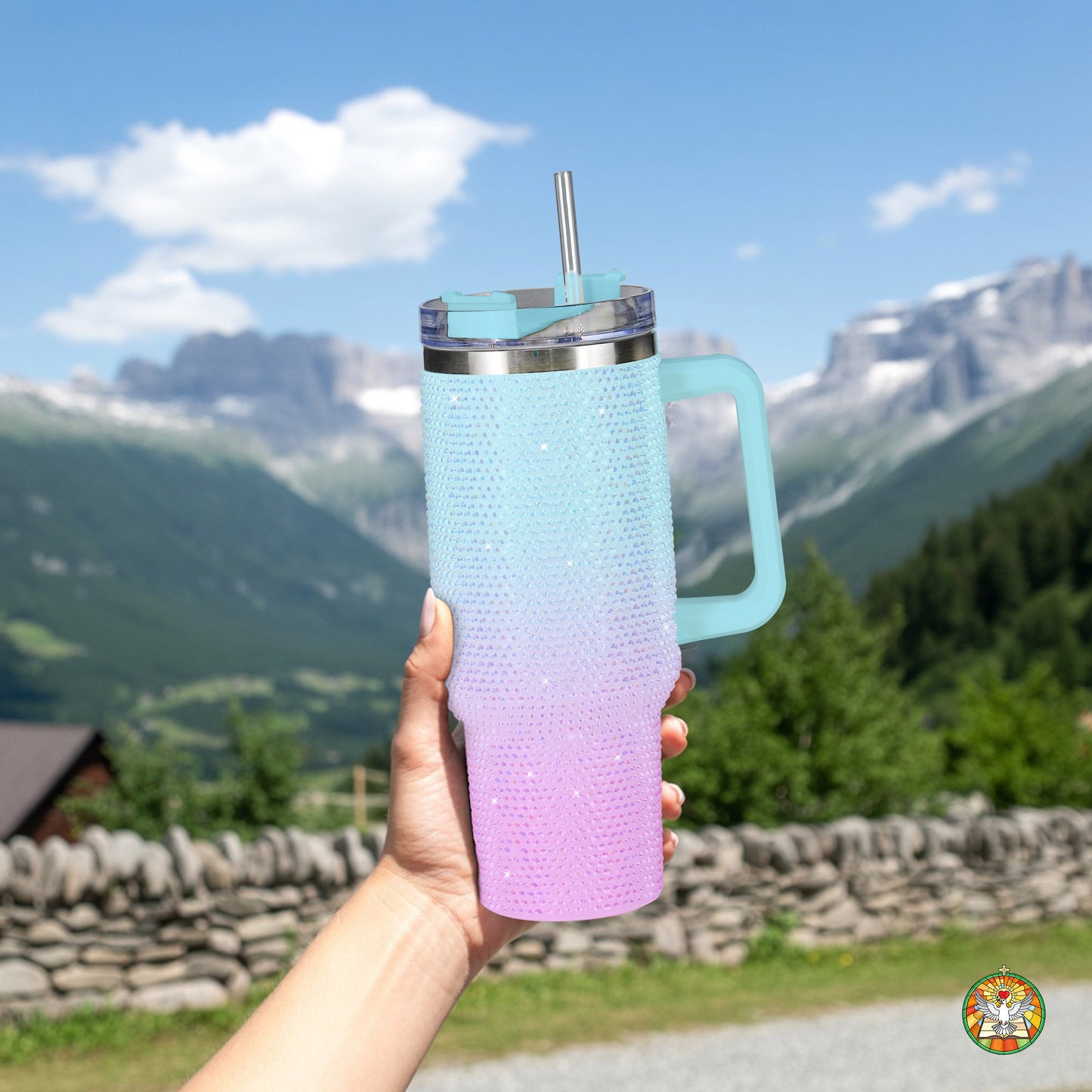 Blue Pink Gradient Bling Diamond Tumbler 40oz - Sparkling Ombre Dreams Rhinestone Cup