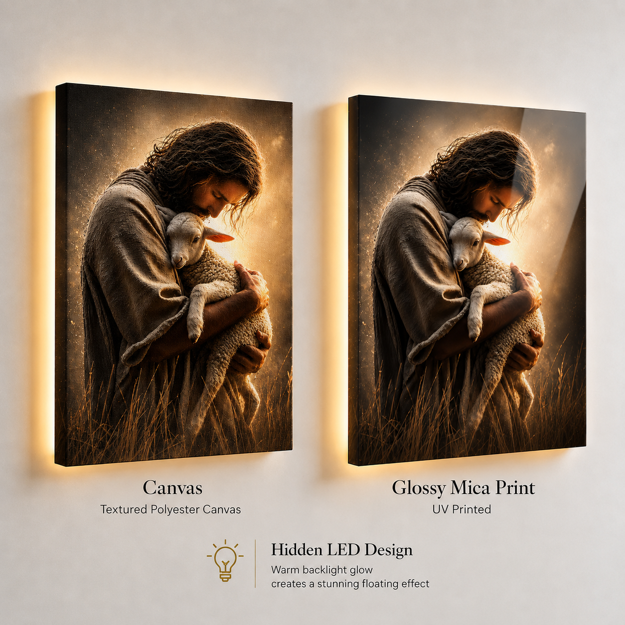 LED Jesus The Good Shepherd Canvas/Mica – Christian Wall Art with Hidden Backlight