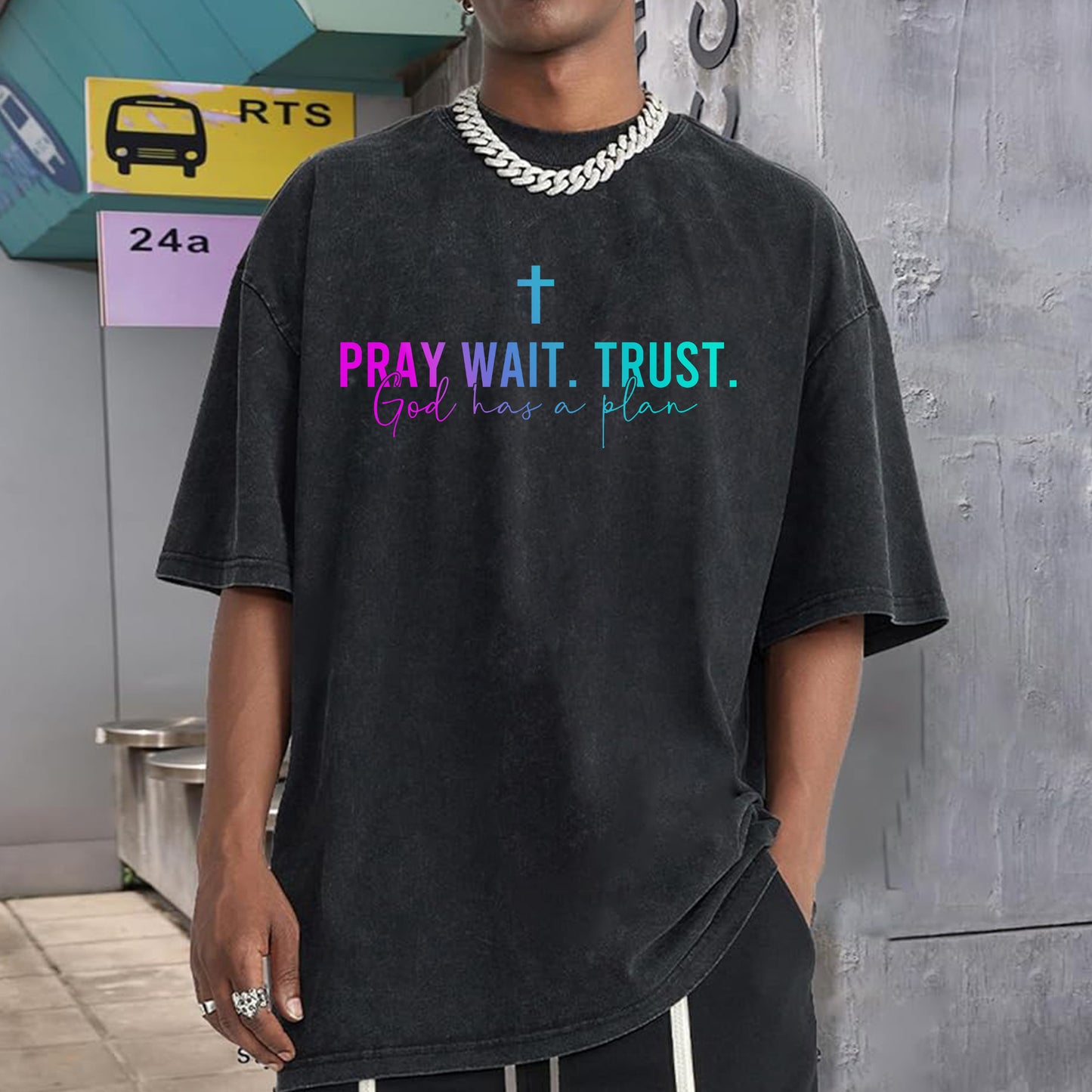 Pray Wait Trust God Has A Plan Unisex Vintage Washed T-Shirt - Divine Timing Faith Declaration