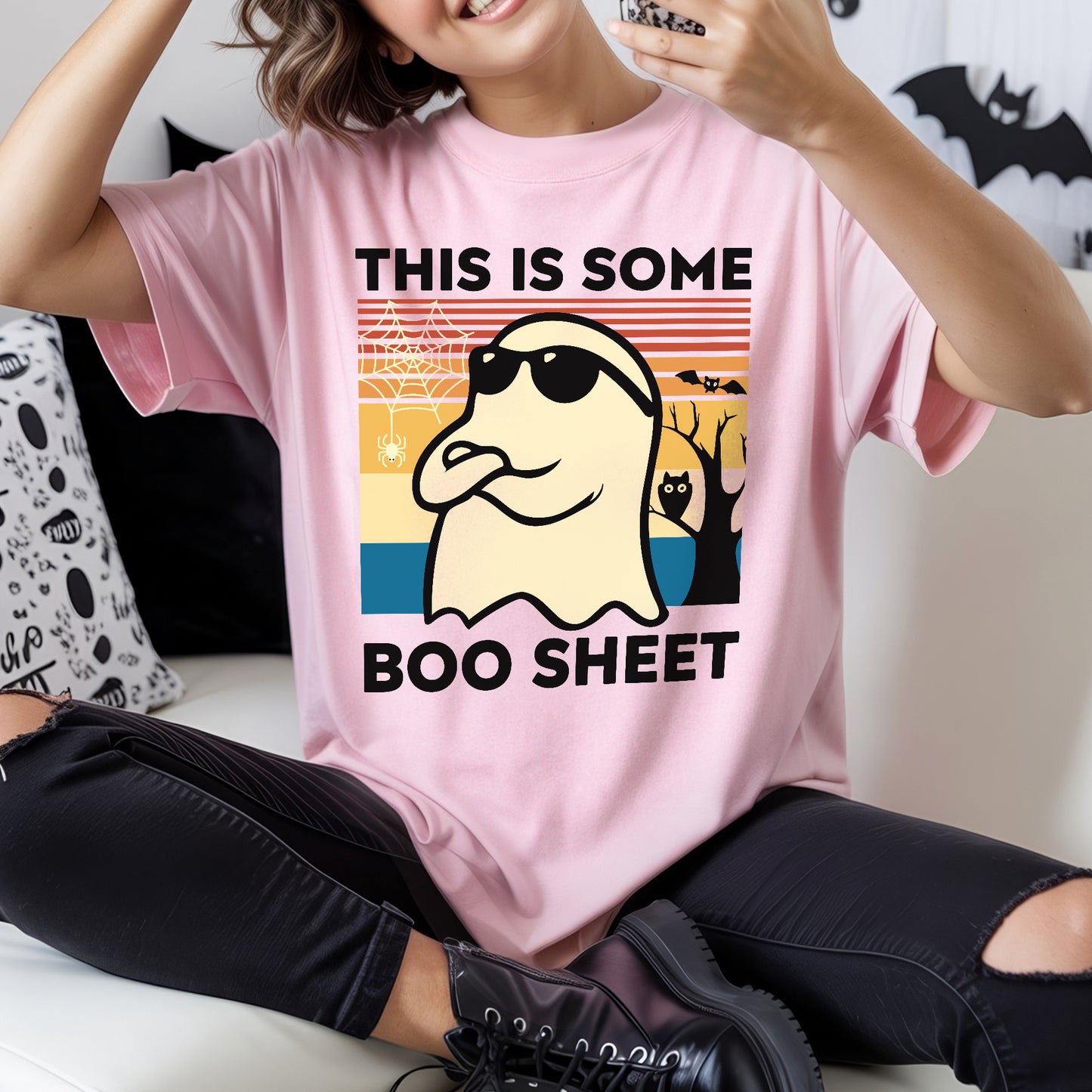 This Is Some Boo Sheet Funny Ghost Halloween T-Shirt - Vintage Sunset Spooky Season Humor Tee