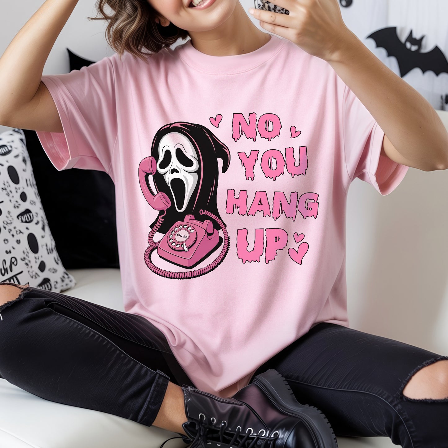No You Hang Up Ghostface Pink Phone Halloween T-Shirt Scream Movie Horror Romance Tee