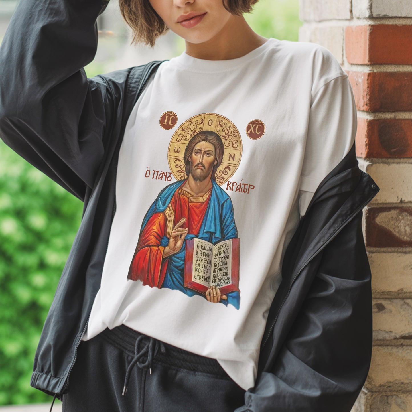 Orthodox Jesus Christ Cyrillic Icon T-Shirt - Russian Slavonic Traditional Sacred Art