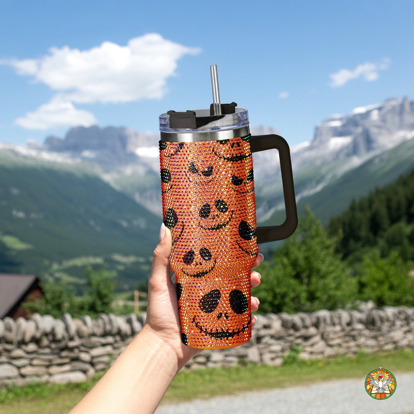 Pumpkin Halloween Bling Diamond Tumbler 40oz - Sparkling Spooky Rhinestone Cup