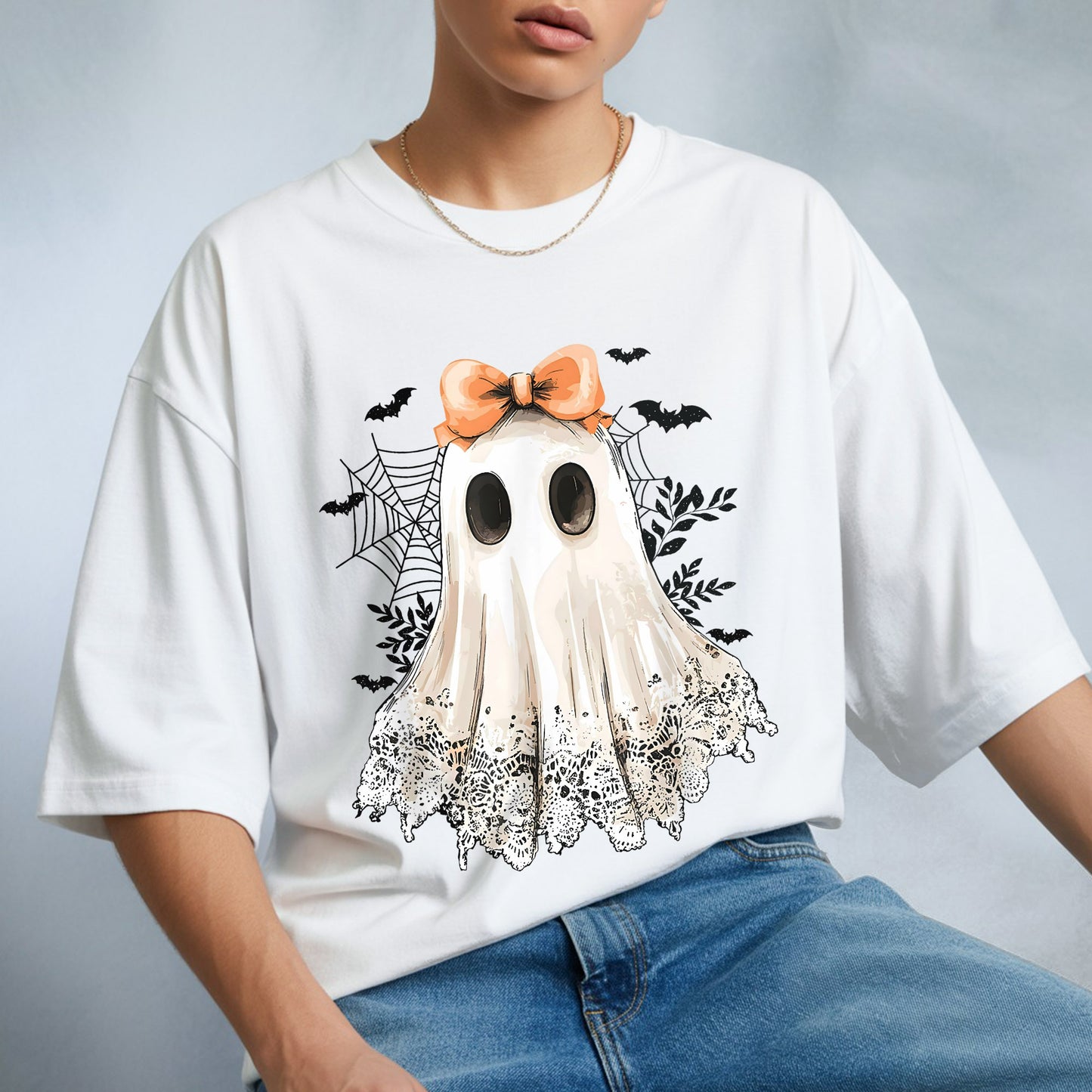 Cute Halloween Ghost with Bow T-Shirt - Adorable Spooky Spirit
