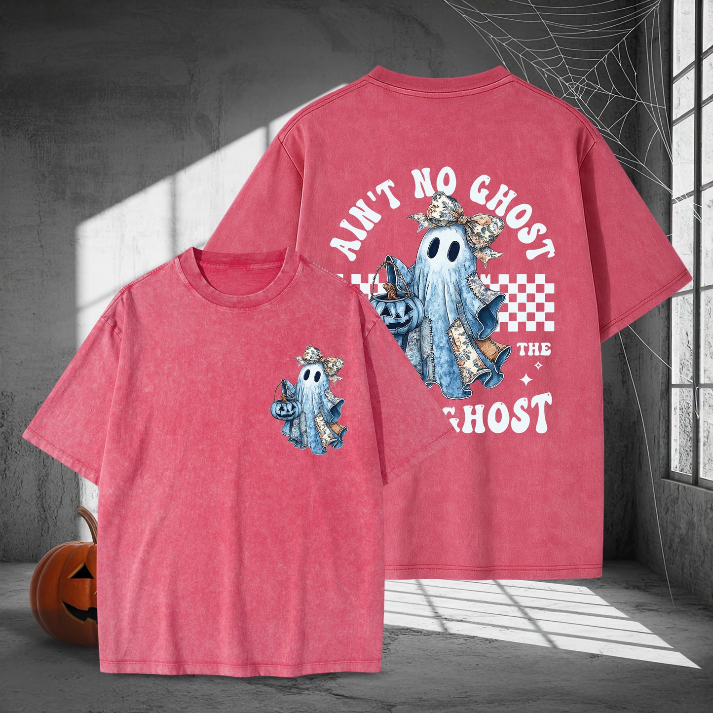 Ain't No Ghost Like The Ghost Denim Jacket Washed 100% Cotton Two Sides Halloween T-Shirt Trendy Spooky Tee