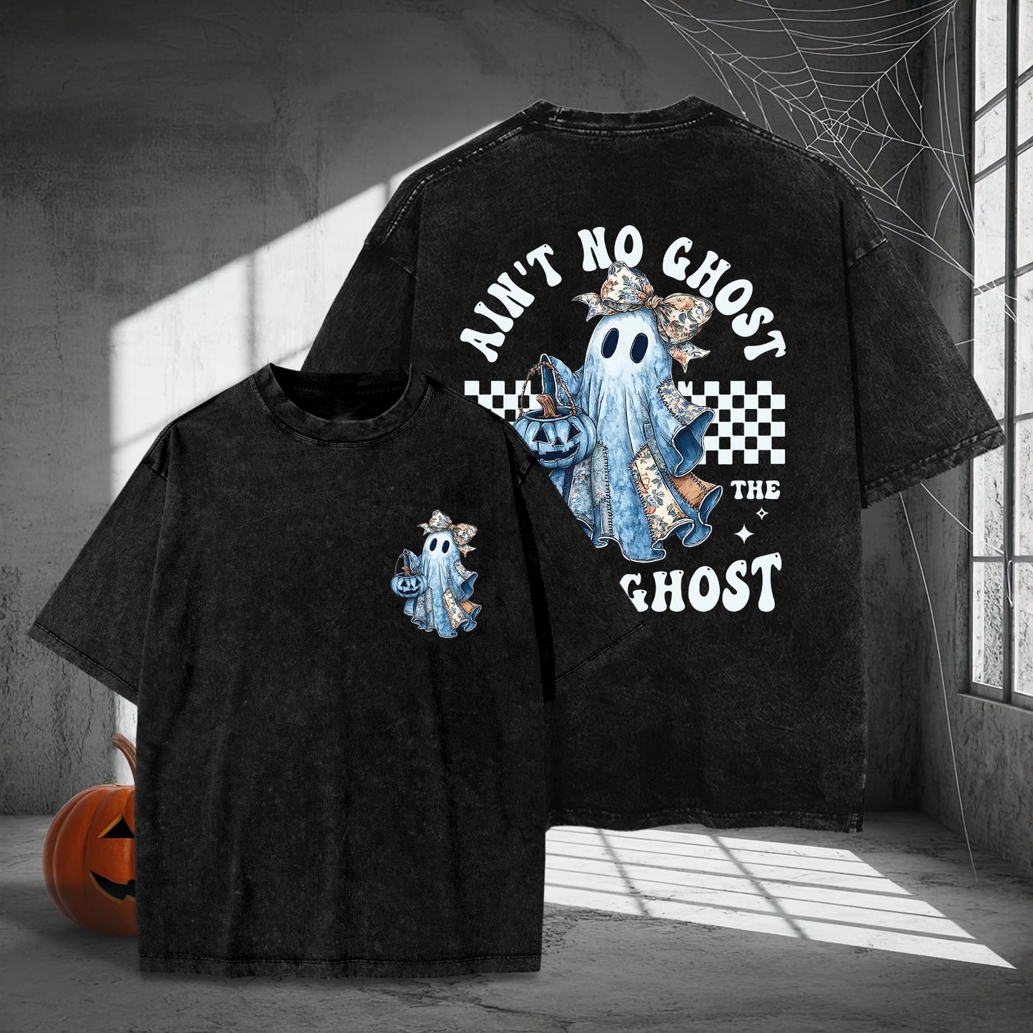 Ain't No Ghost Like The Ghost Denim Jacket Washed 100% Cotton Two Sides Halloween T-Shirt Trendy Spooky Tee