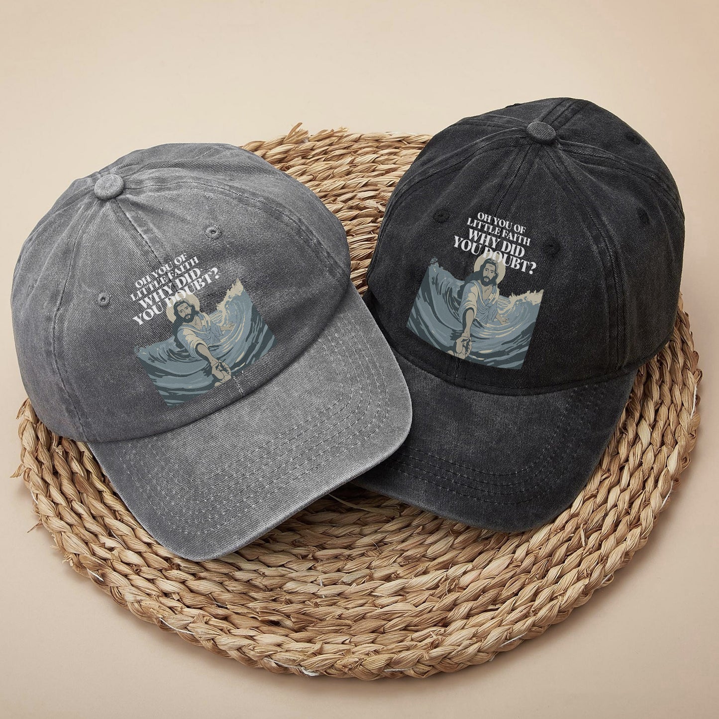 Oh You Of Little Faith Why Did You Doubt? Washed Cap - Jesus Walking on Water Biblical Story