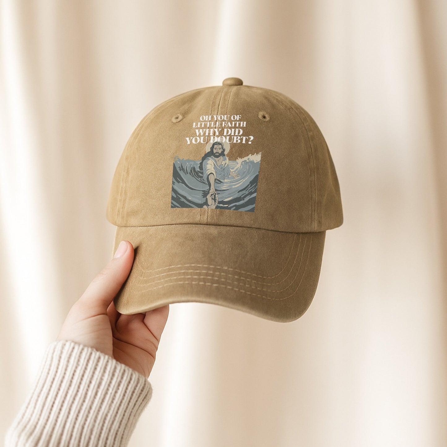 Oh You Of Little Faith Why Did You Doubt? Washed Cap - Jesus Walking on Water Biblical Story
