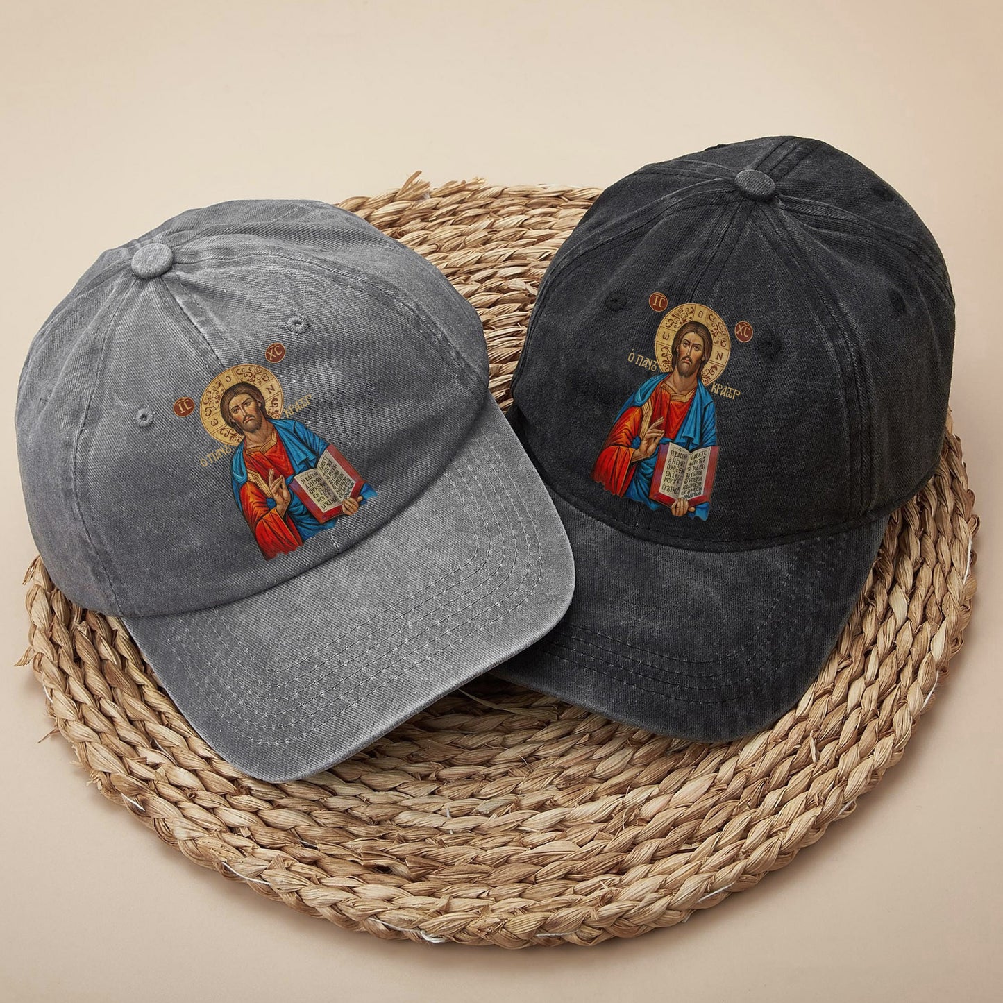 Orthodox Jesus Christ Cyrillic Icon Washed Cap - Russian Slavonic Traditional Sacred Art