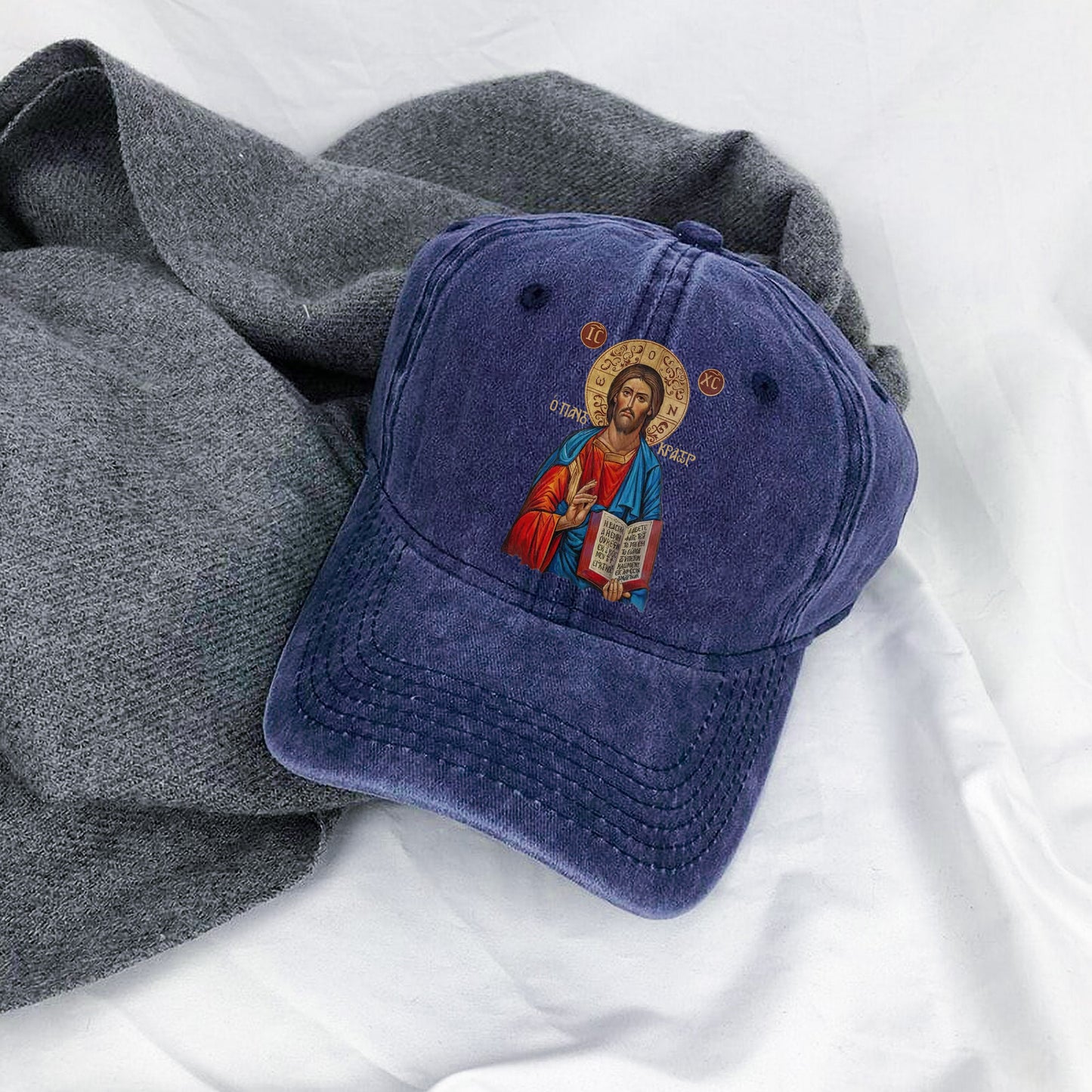 Orthodox Jesus Christ Cyrillic Icon Washed Cap - Russian Slavonic Traditional Sacred Art