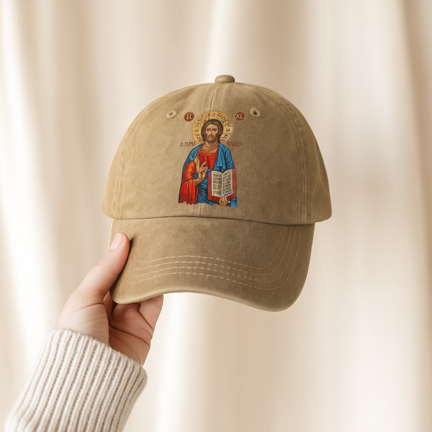 Orthodox Jesus Christ Cyrillic Icon Washed Cap - Russian Slavonic Traditional Sacred Art