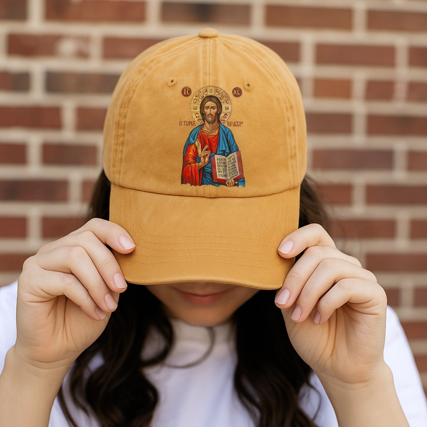 Orthodox Jesus Christ Cyrillic Icon Washed Cap - Russian Slavonic Traditional Sacred Art