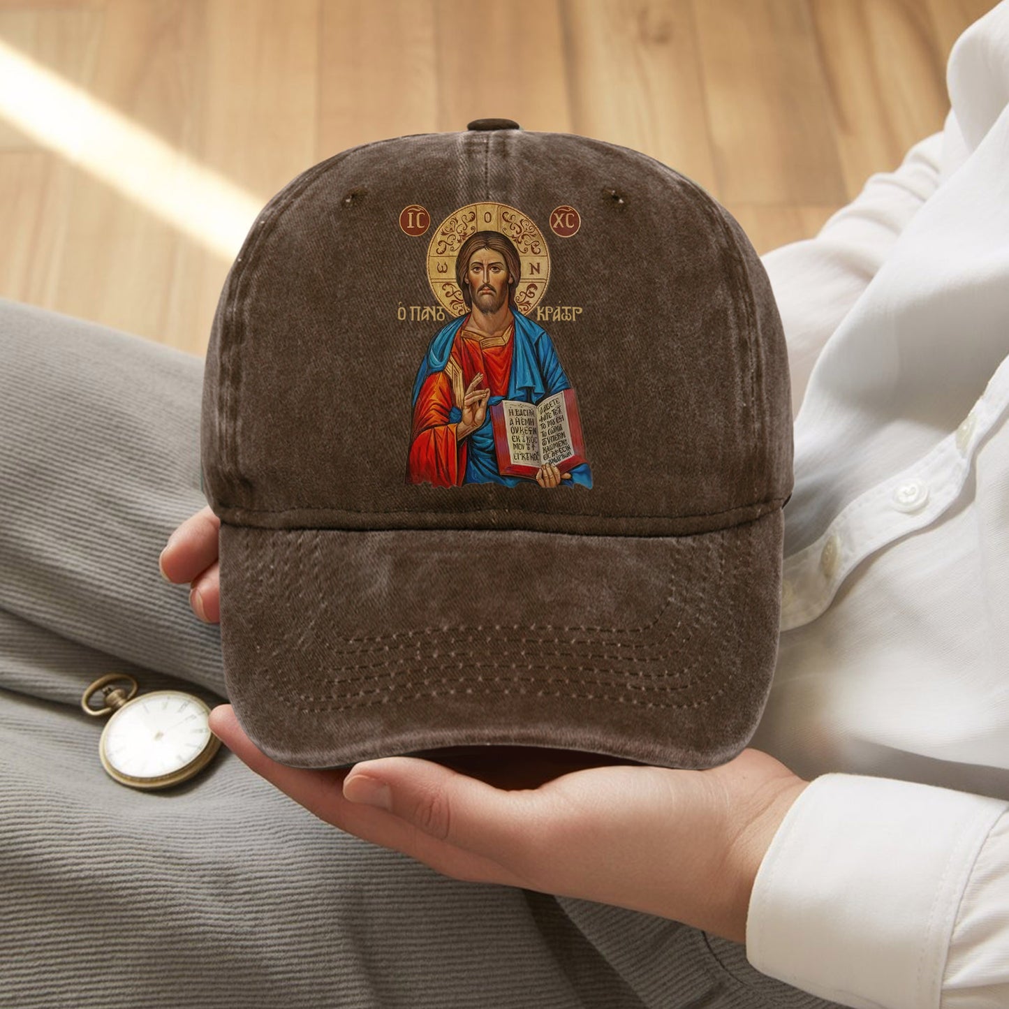 Orthodox Jesus Christ Cyrillic Icon Washed Cap - Russian Slavonic Traditional Sacred Art