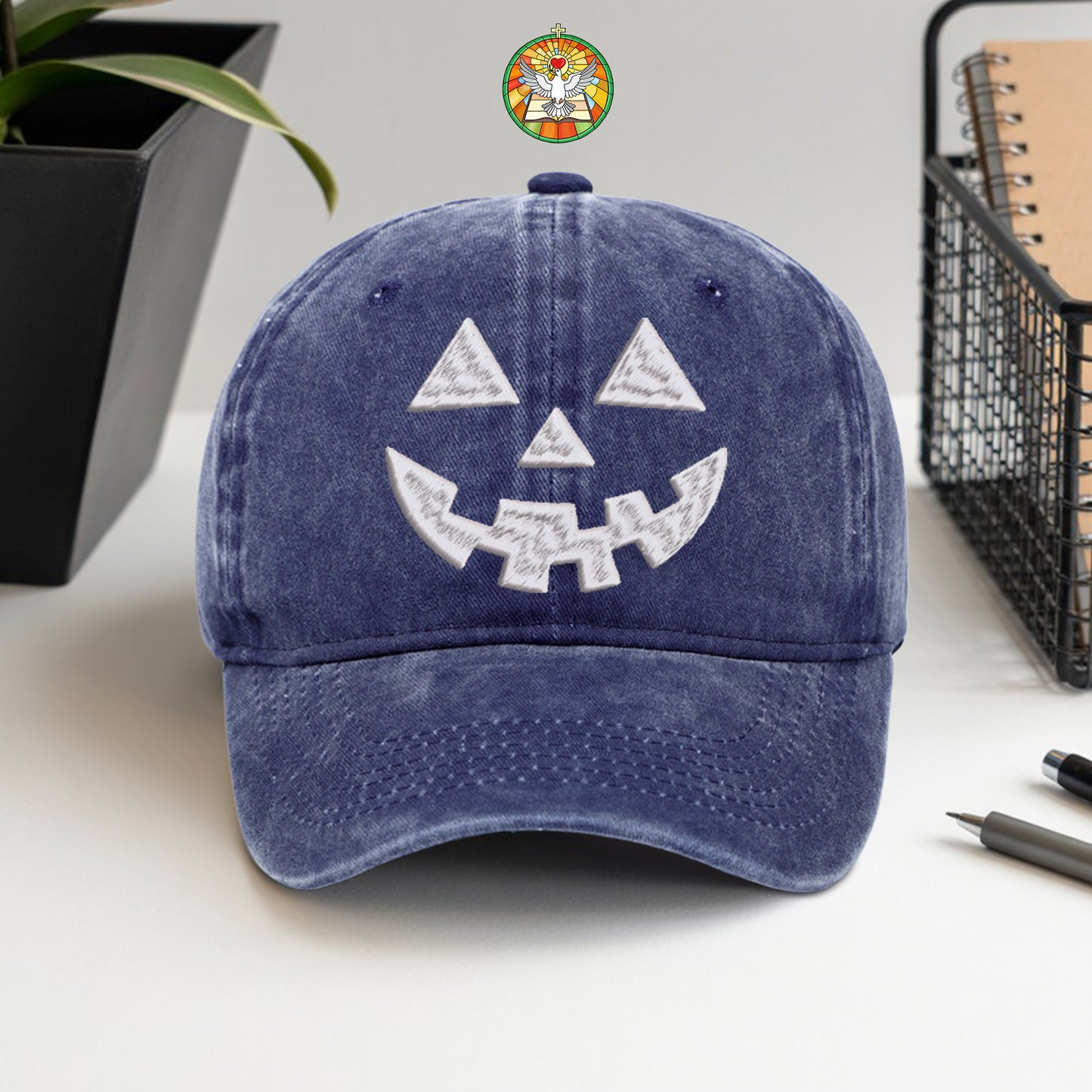 Jack-O'-Lantern Face Washed Cap - Classic Halloween Pumpkin Smile
