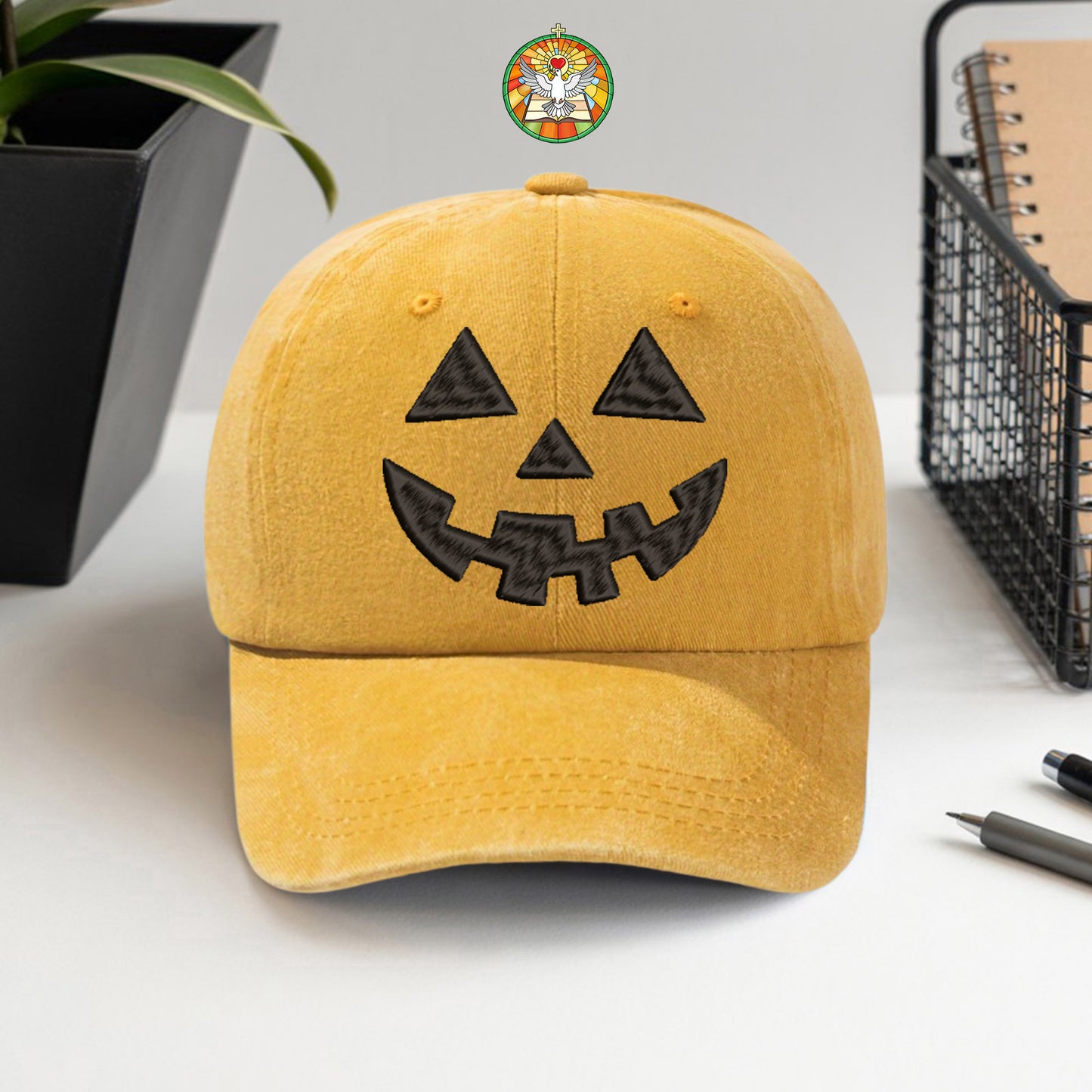 Jack-O'-Lantern Face Washed Cap - Classic Halloween Pumpkin Smile