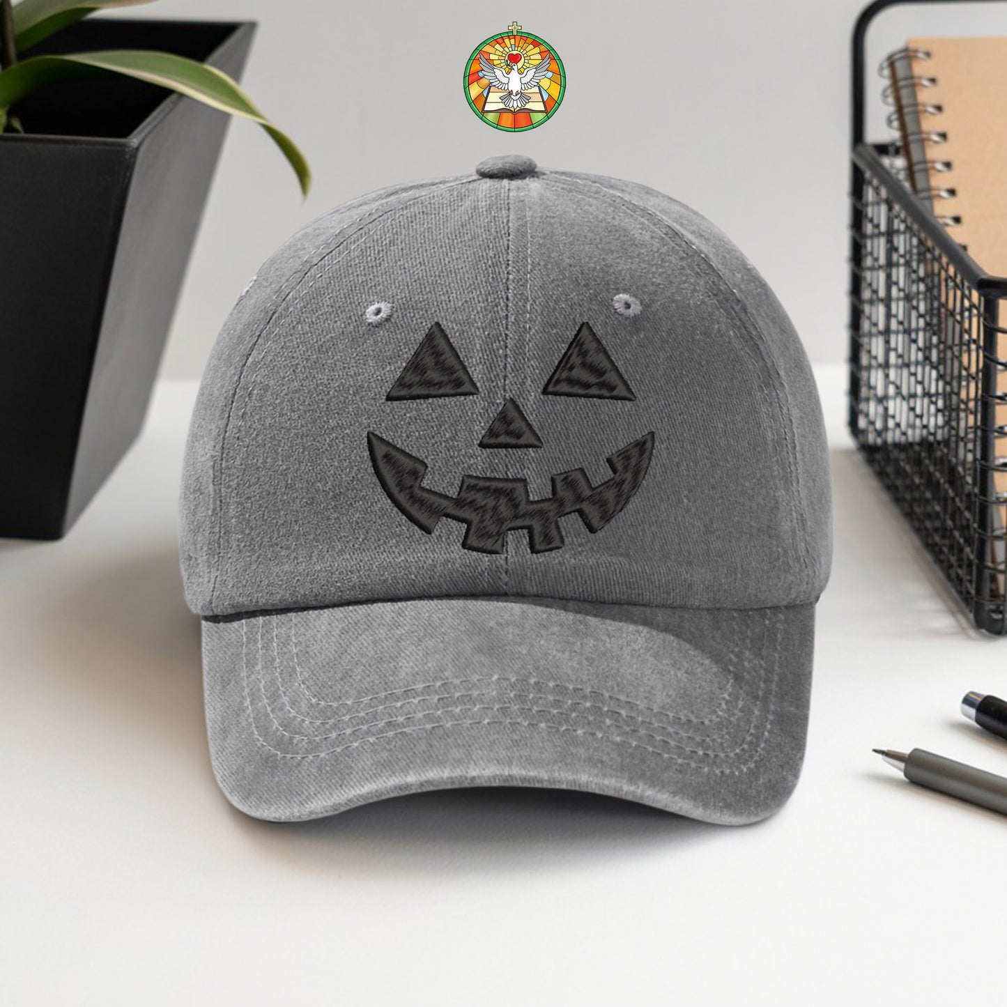 Jack-O'-Lantern Face Washed Cap - Classic Halloween Pumpkin Smile