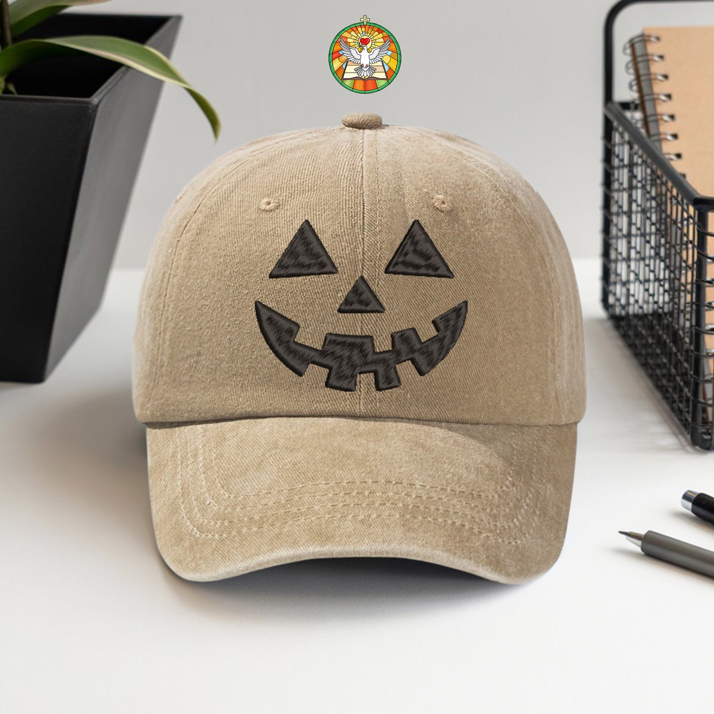 Jack-O'-Lantern Face Washed Cap - Classic Halloween Pumpkin Smile