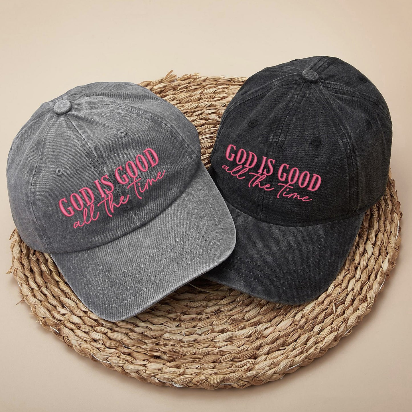 God Is Good Black Pink Washed Cap - Christian Faith Statement Hat
