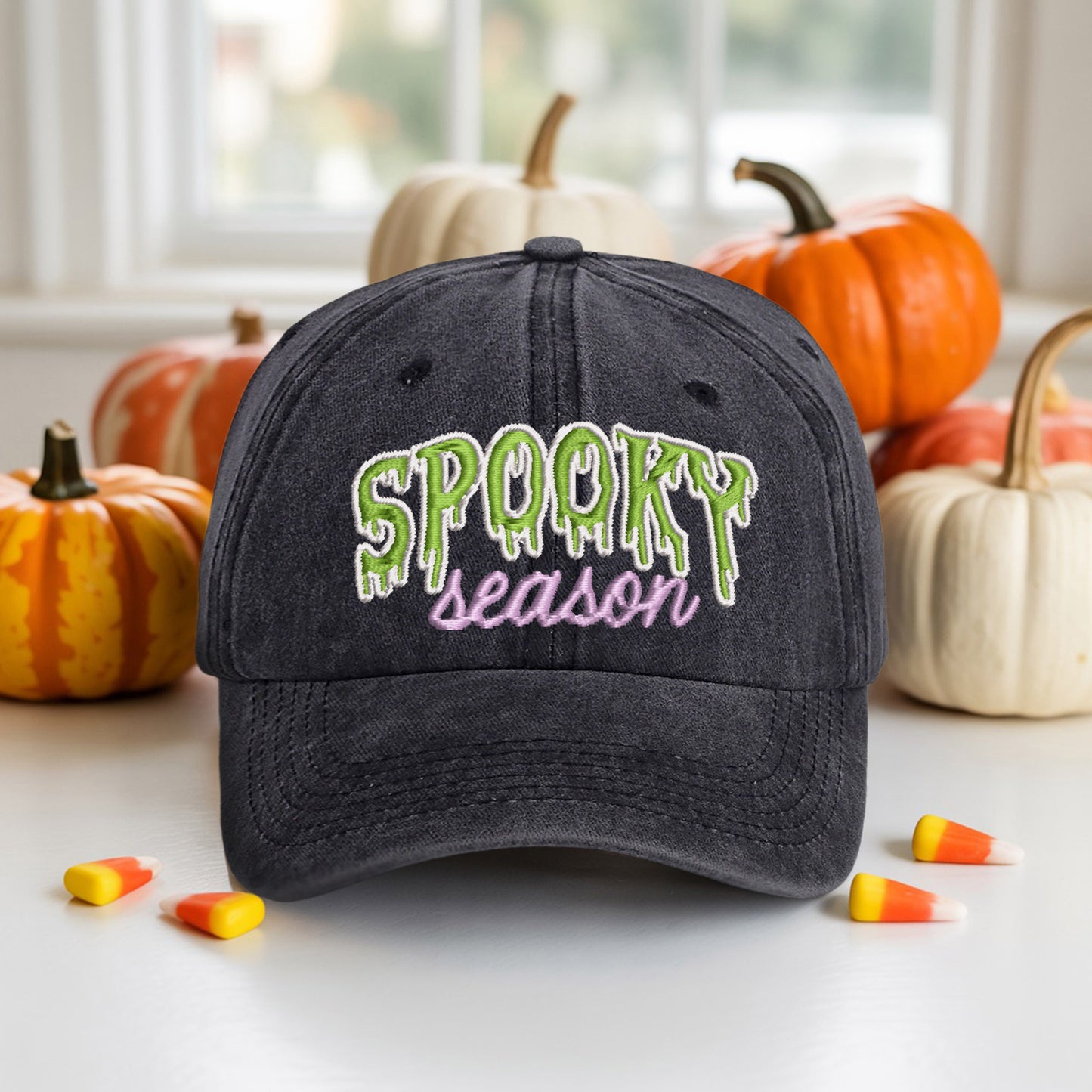 Spooky Season Washed Denim Baseball Cap Halloween Embroidered Distressed Dad Hat Fall Autumn