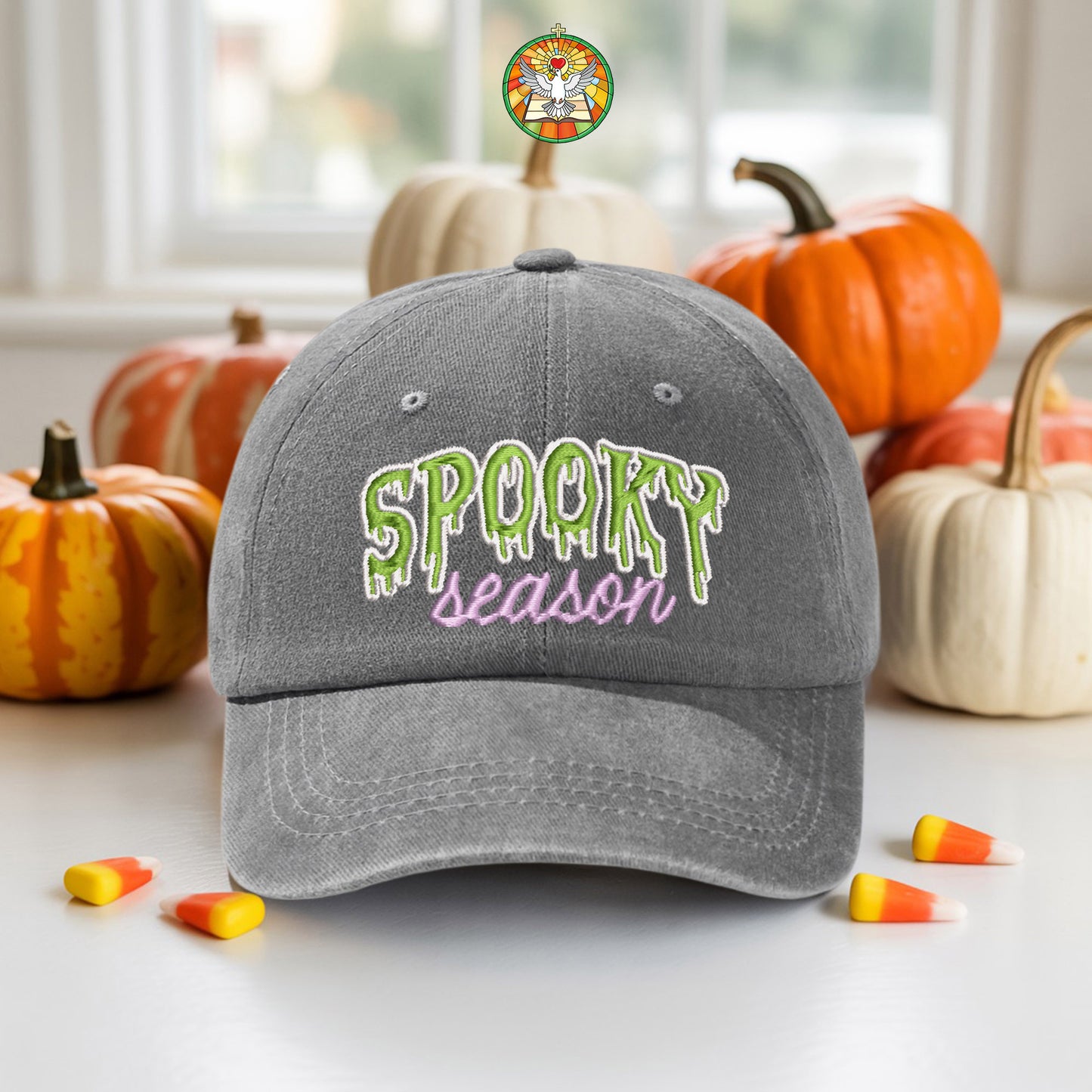 Spooky Season Washed Denim Baseball Cap Halloween Embroidered Distressed Dad Hat Fall Autumn