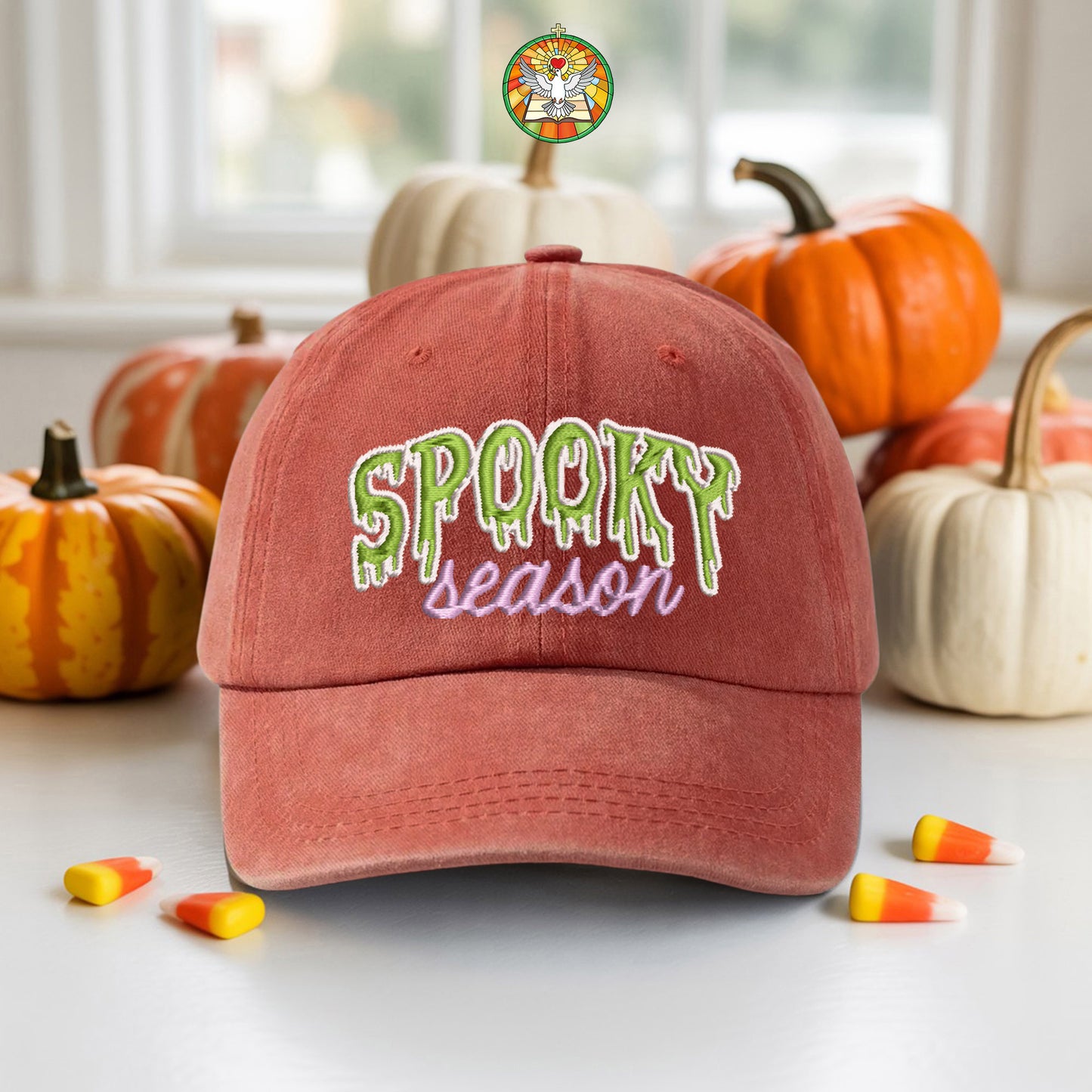 Spooky Season Washed Denim Baseball Cap Halloween Embroidered Distressed Dad Hat Fall Autumn