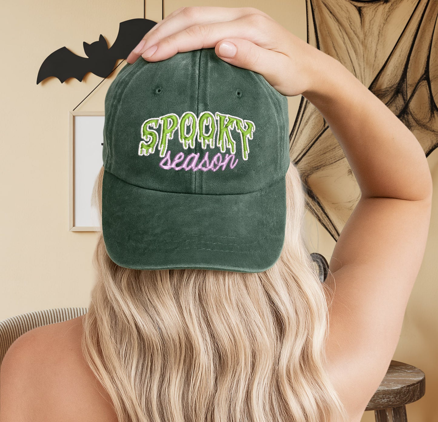 Spooky Season Washed Denim Baseball Cap Halloween Embroidered Distressed Dad Hat Fall Autumn