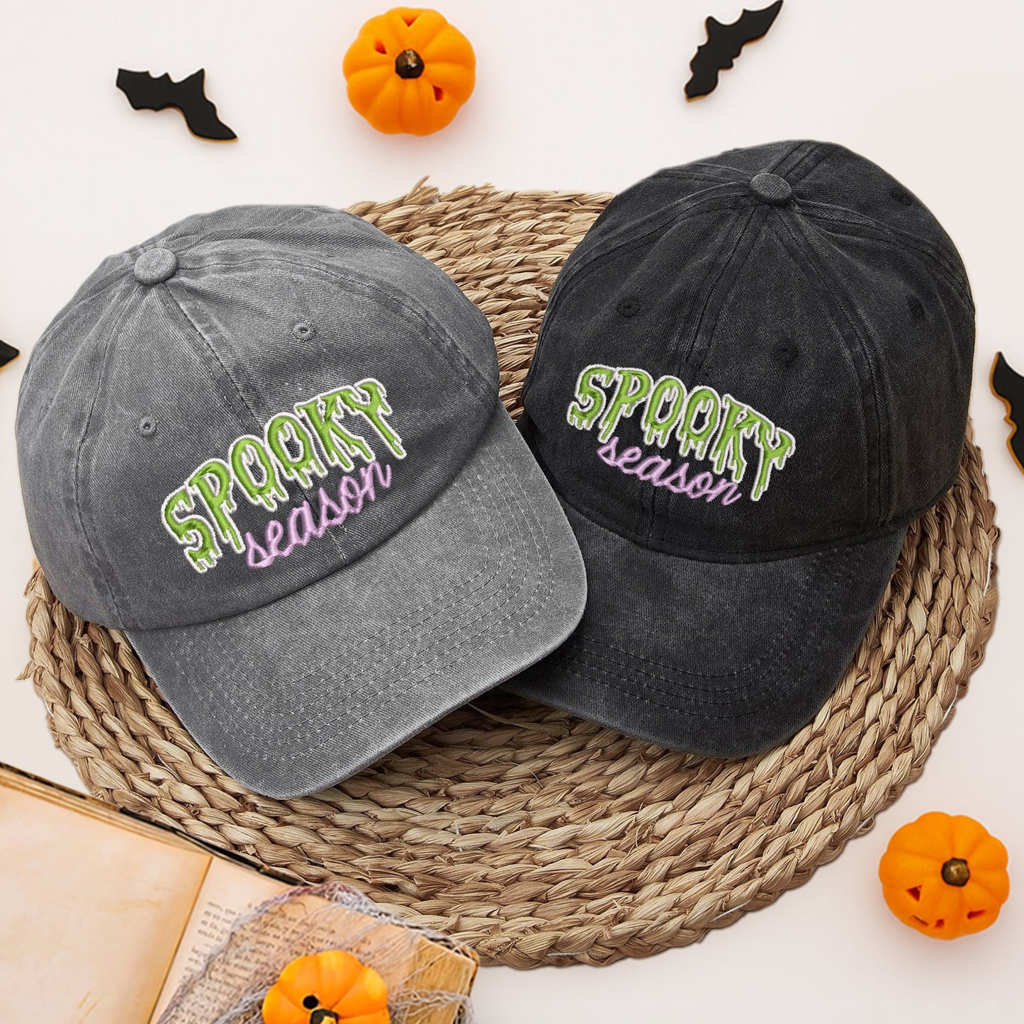Spooky Season Washed Denim Baseball Cap Halloween Embroidered Distressed Dad Hat Fall Autumn