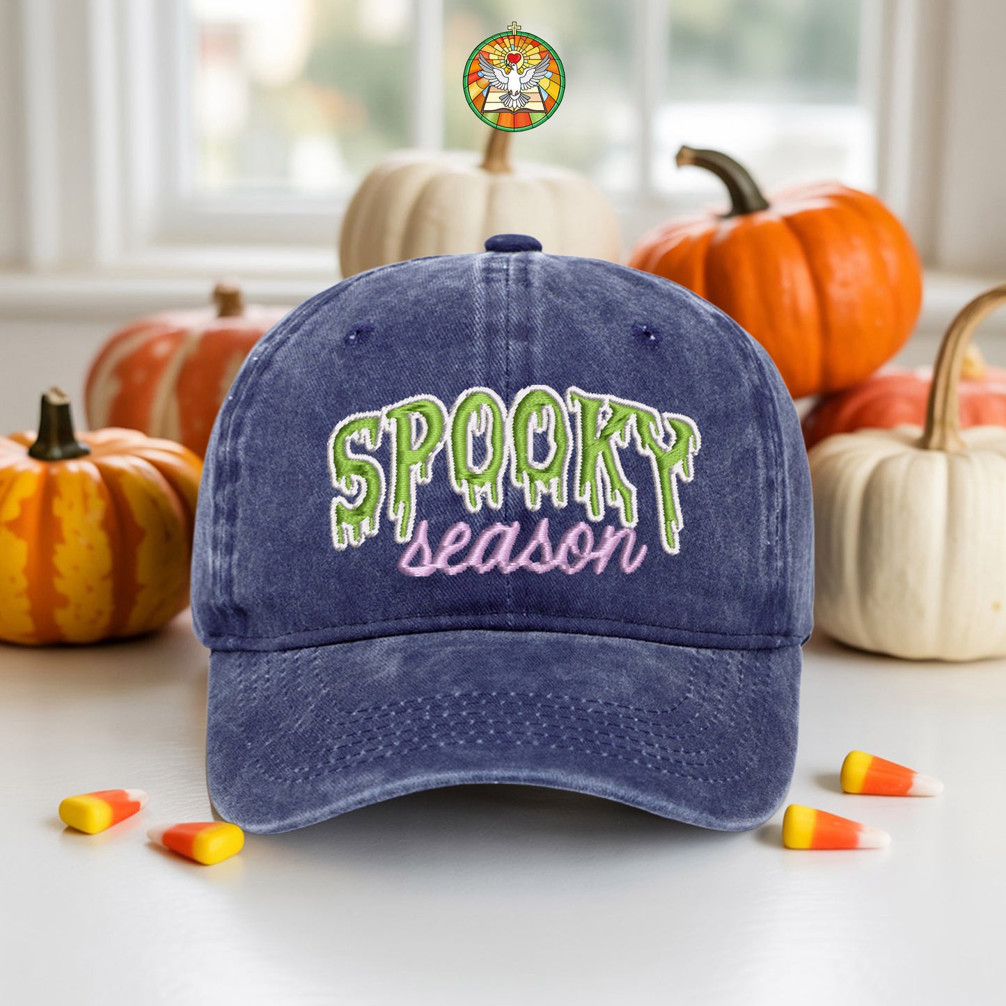 Spooky Season Washed Denim Baseball Cap Halloween Embroidered Distressed Dad Hat Fall Autumn
